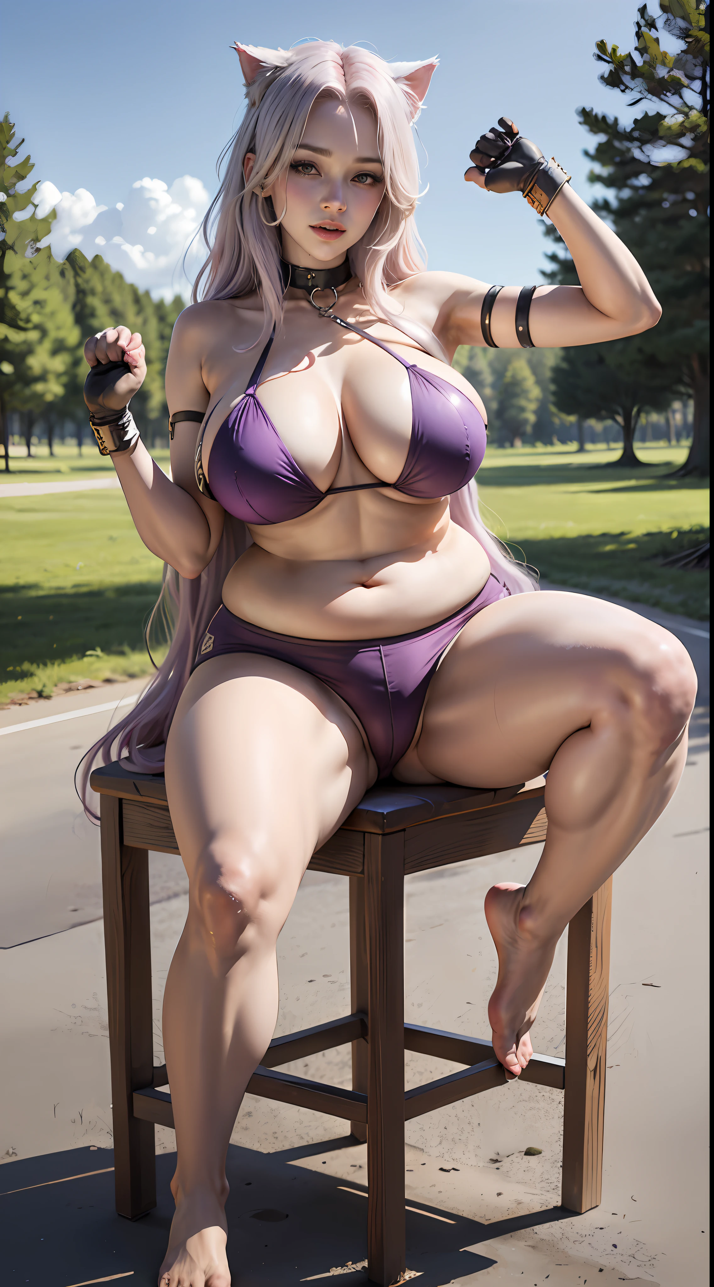 Kizi,Cat ears,Cat's paw gloves,dog collar,Bare body,Hands in the air,,nedium breasts,sitting on a stool,spread their legs,,In Park,Bare lower body,,Glides off to reveal large areas of skin,Open look,Plump sexy body,,Light walking map,One foot lifted to the sky,Long purple hair