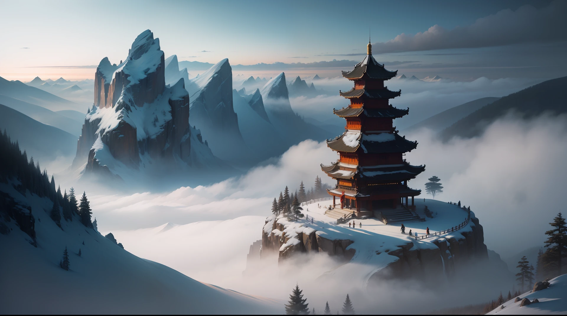tmasterpiece,best qualityer,Chinese martial arts style,Chinese architecture,High hills,snowy day,(( (Chinese martial arts style))), The sky is vast, Even the mountain cliffs, ink wash style, Contour light, Atmospheric atmosphere, depth of fields, The fog rises,pines, Octagonal stone pavilion