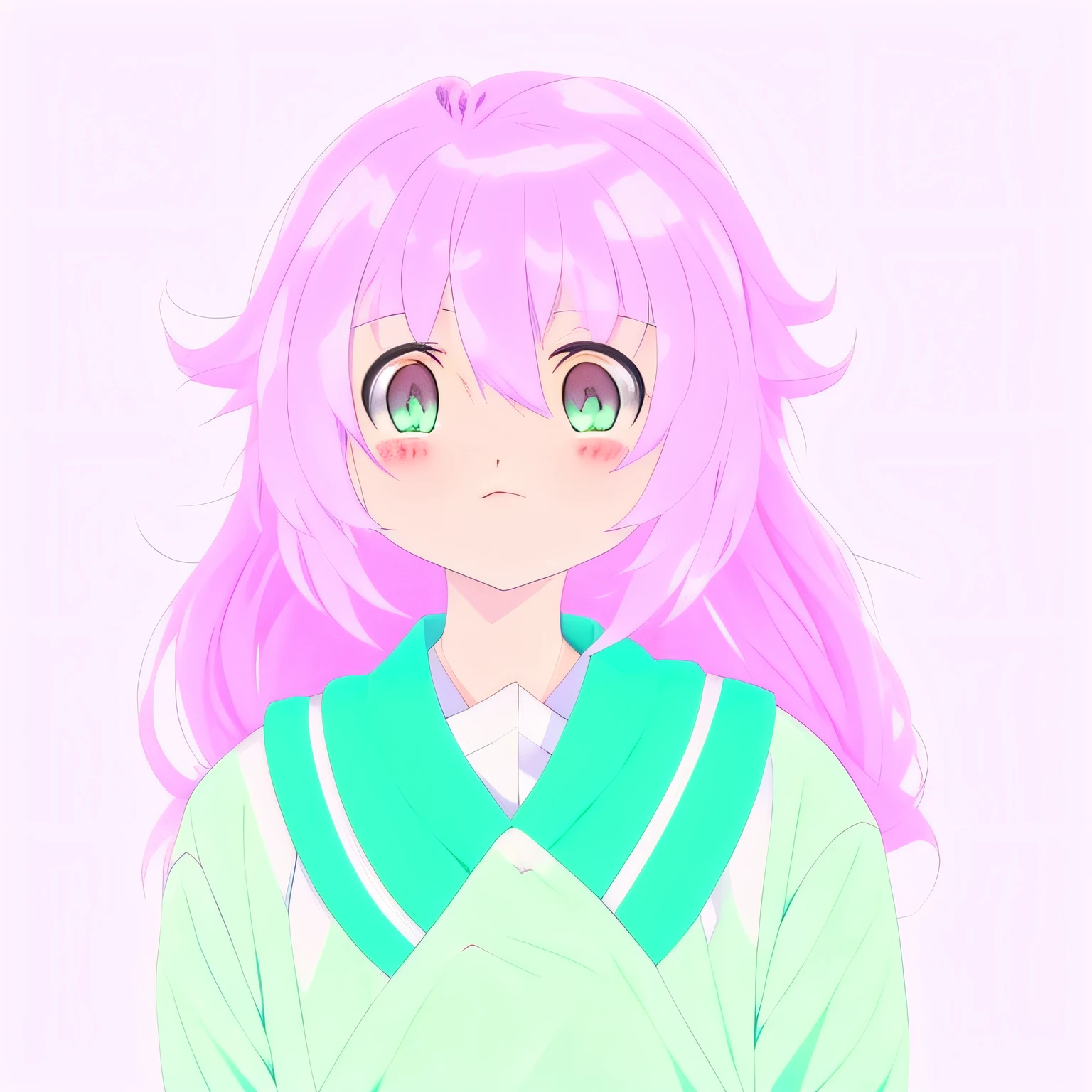 Anime girl with pink hair and blue collar shirt, pink twintail hair and cyan eyes, Portrait of an anime girl, cute anime face, portrait of cute anime girl, up of young anime girl, flat anime style shading, An anime girl, Soft anime illustration, Flat anime style, Detailed anime soft face, pretty anime face, anime style character, Anime style portrait