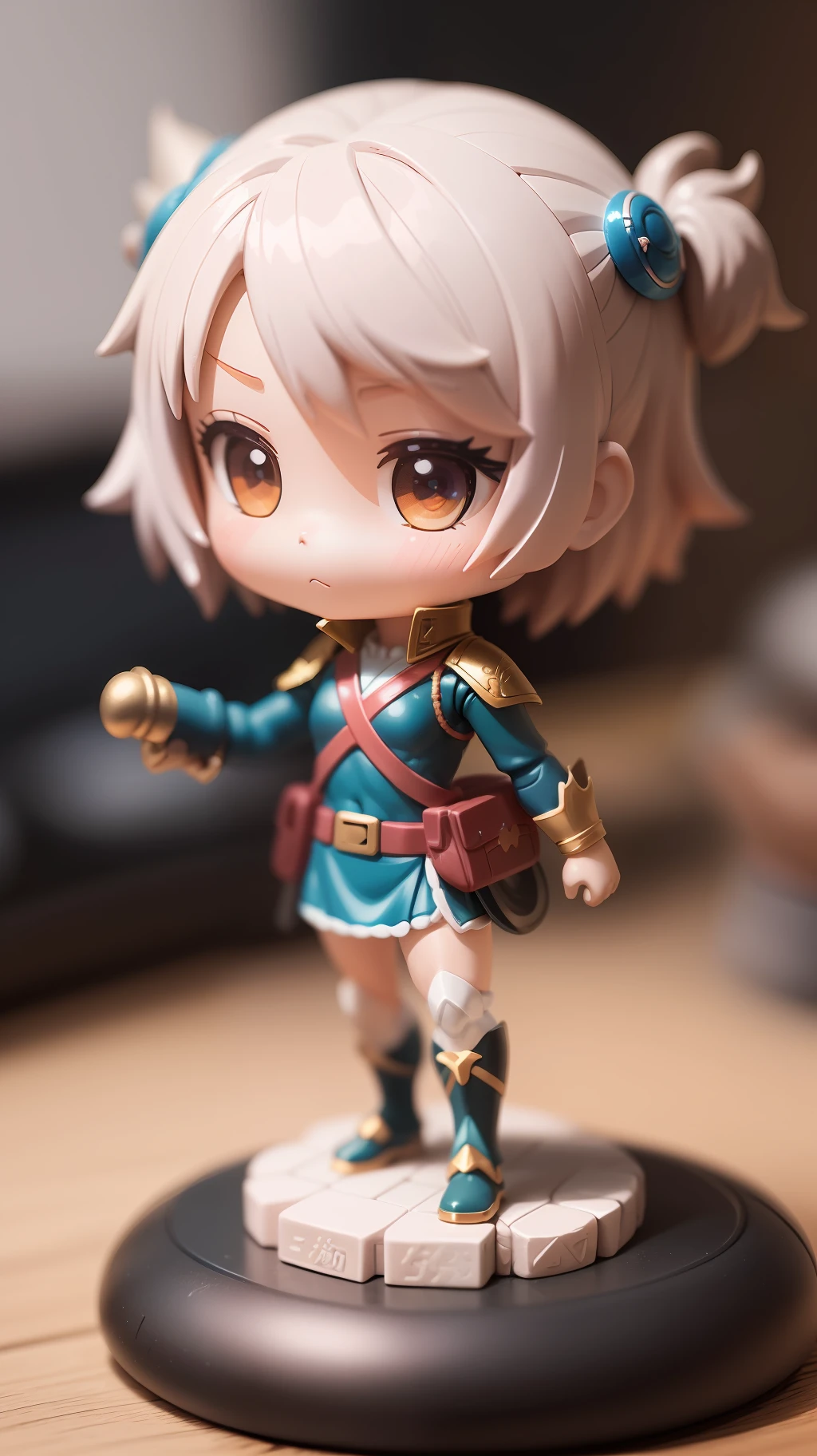 A small anime figurine, Depicted as a heroic toy, Inside the blind box, Place on a small pedestal, On a clean white background, Artificial light lighting. The artwork is of top-notch photographic quality, Capture every intricate detail of anime statues.