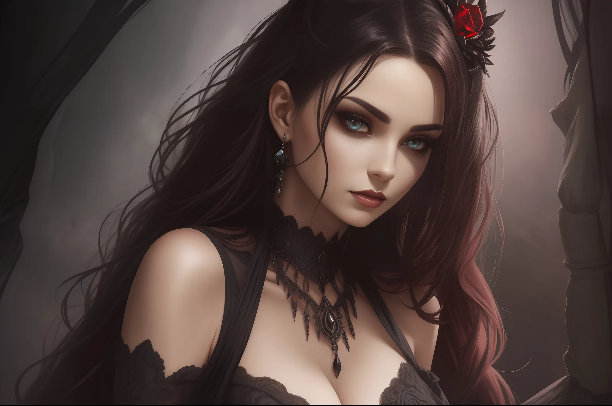 A photorealistic full-body portrait of a seductive and beautiful brunette seductress with devilish features. The seductress has curly hair and captivating blood-colored eyes. She is depicted in a dark fantasy setting, specifically in the depths of hell. The sky above is dark and gloomy, setting a haunting atmosphere. The seductress is adorned in an exotic black and red villain dress, with intricate details and a choker-style collar. The focus of the image should be on capturing the seductress's alluring pose and detailed face. Her expression should exude both allure and danger, reflecting her devilish nature. The lighting should be moody, with shadows adding depth and mystery to the scene. The resolution of the image should be high, allowing for fine details to be showcased."