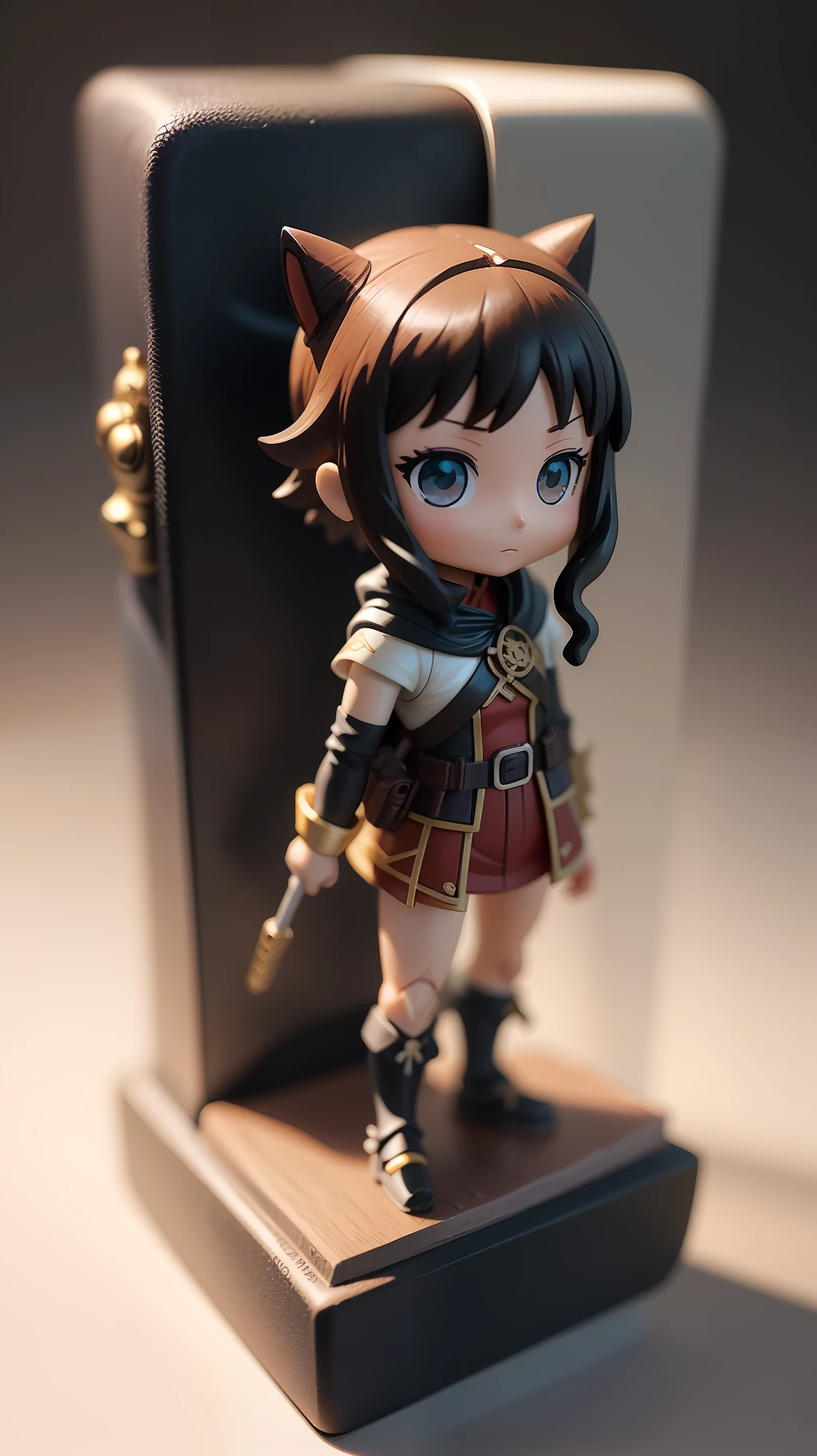 A small anime figurine, Depicted as a heroic toy, Inside the blind box, Place on a small pedestal, On a clean white background, Artificial light lighting. The artwork is of top-notch photographic quality, Capture every intricate detail of anime statues.