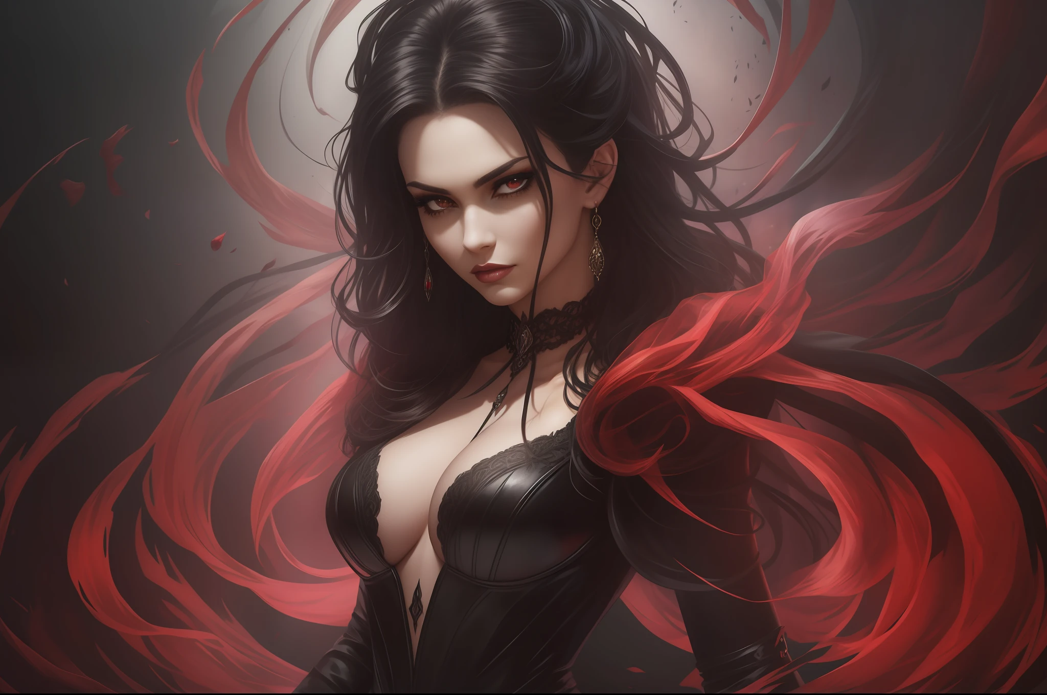 A photorealistic full-body portrait of a seductive and beautiful brunette seductress with devilish features. The seductress has curly hair and captivating blood-colored eyes. She is depicted in a dark fantasy setting, specifically in the depths of hell. The sky above is dark and gloomy, setting a haunting atmosphere. The seductress is adorned in an exotic black and red villain dress, with intricate details and a choker-style collar. The focus of the image should be on capturing the seductress's alluring pose and detailed face. Her expression should exude both allure and danger, reflecting her devilish nature. The lighting should be moody, with shadows adding depth and mystery to the scene. The resolution of the image should be high, allowing for fine details to be showcased."
