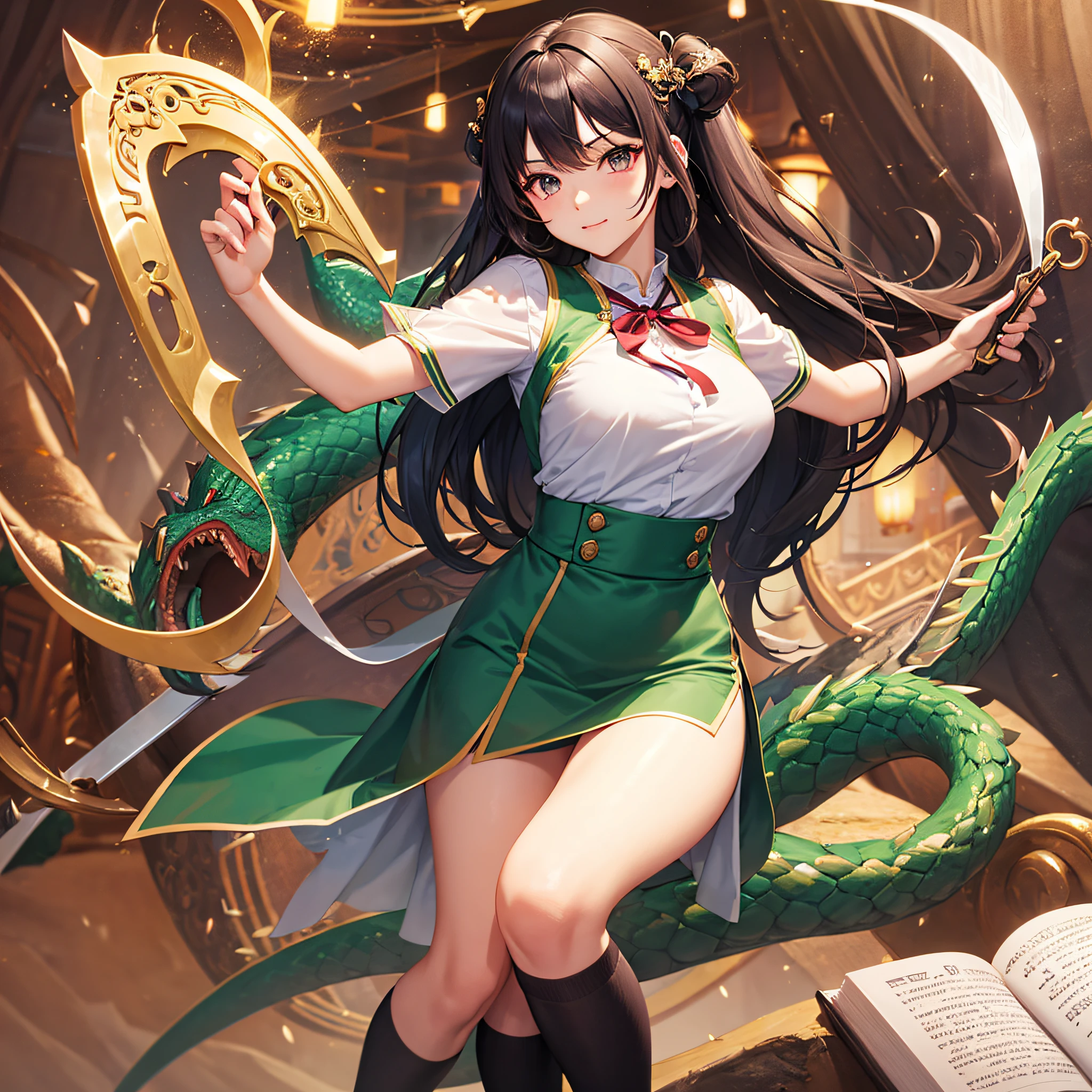girls,The sword,on cheongsam,green color,Dragon's horn,