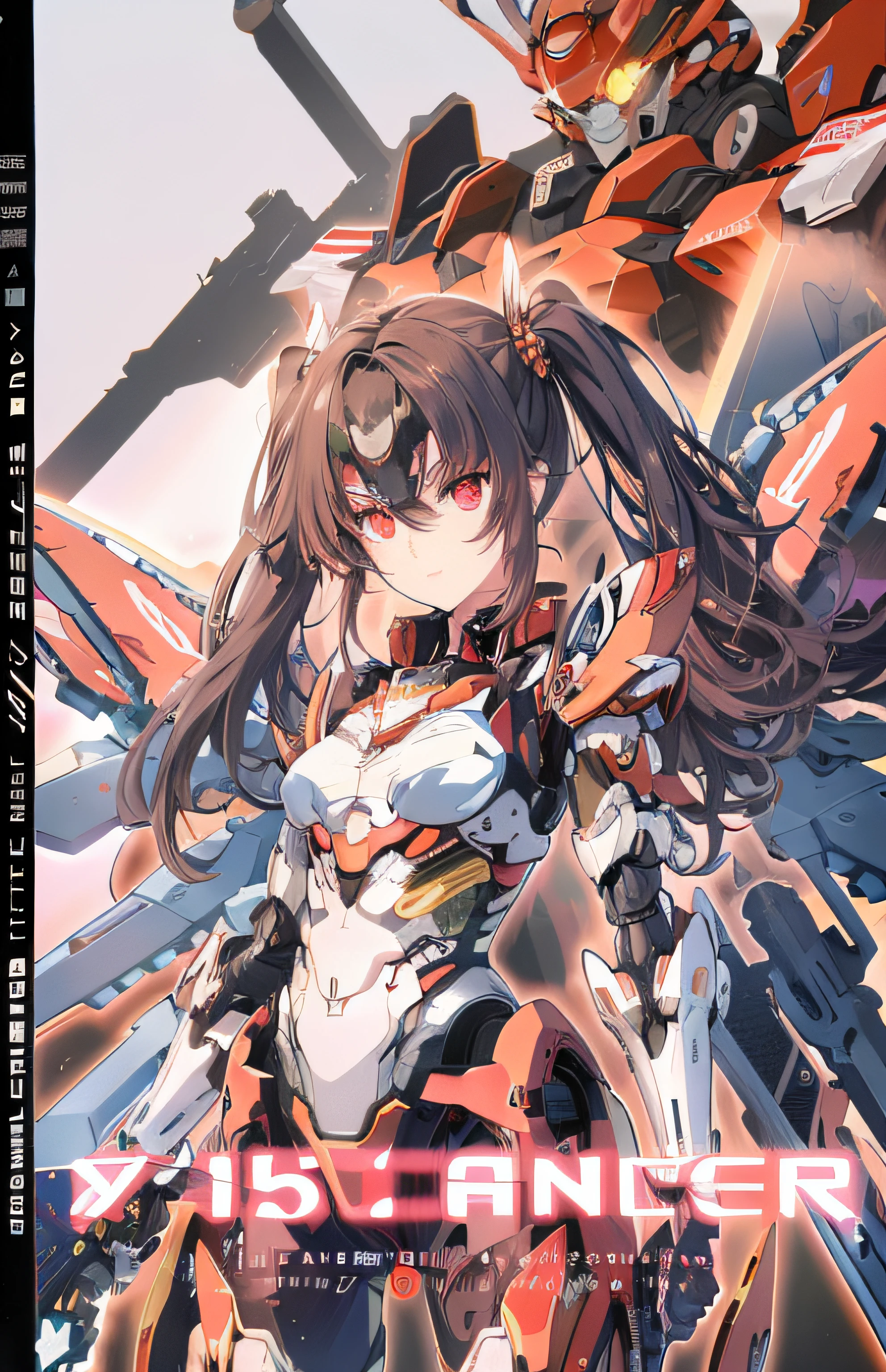 Anime poster of a woman with a gun and a large robot, Mechanized Valkyrie girl, Fully robotic!! Girl, Official artwork, anime mecha aesthetic, high detailed official artwork, girl in mecha cyber armor, Anime manga robot!! Anime girl, cool mecha style, anime robotic mixed with organic, Mecha wings, railgun, mecha asthetic