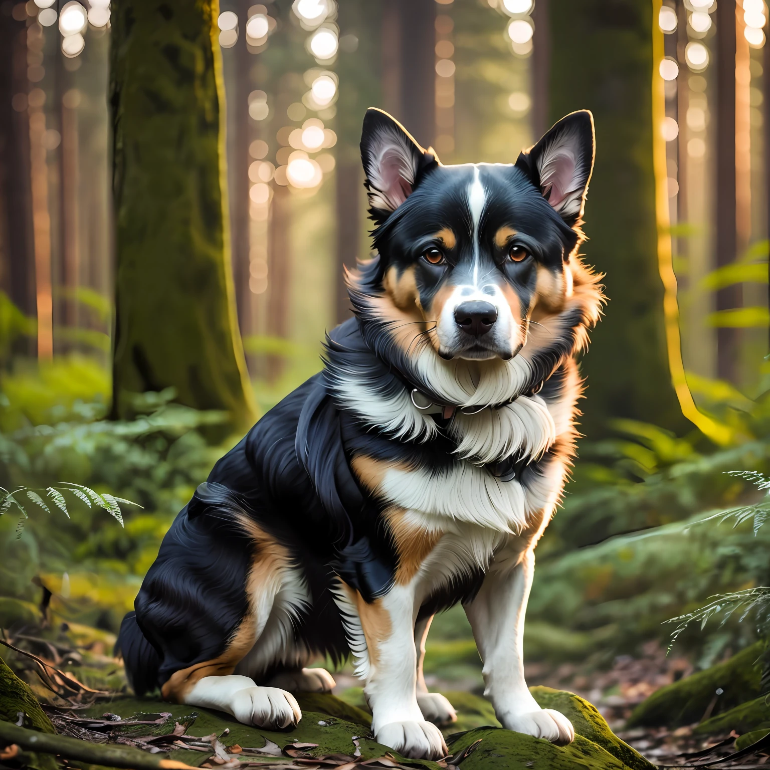 A beautiful dog in the forest, sunset, dark theme, 4k, ultra quality, ultra detailed, photography, realism