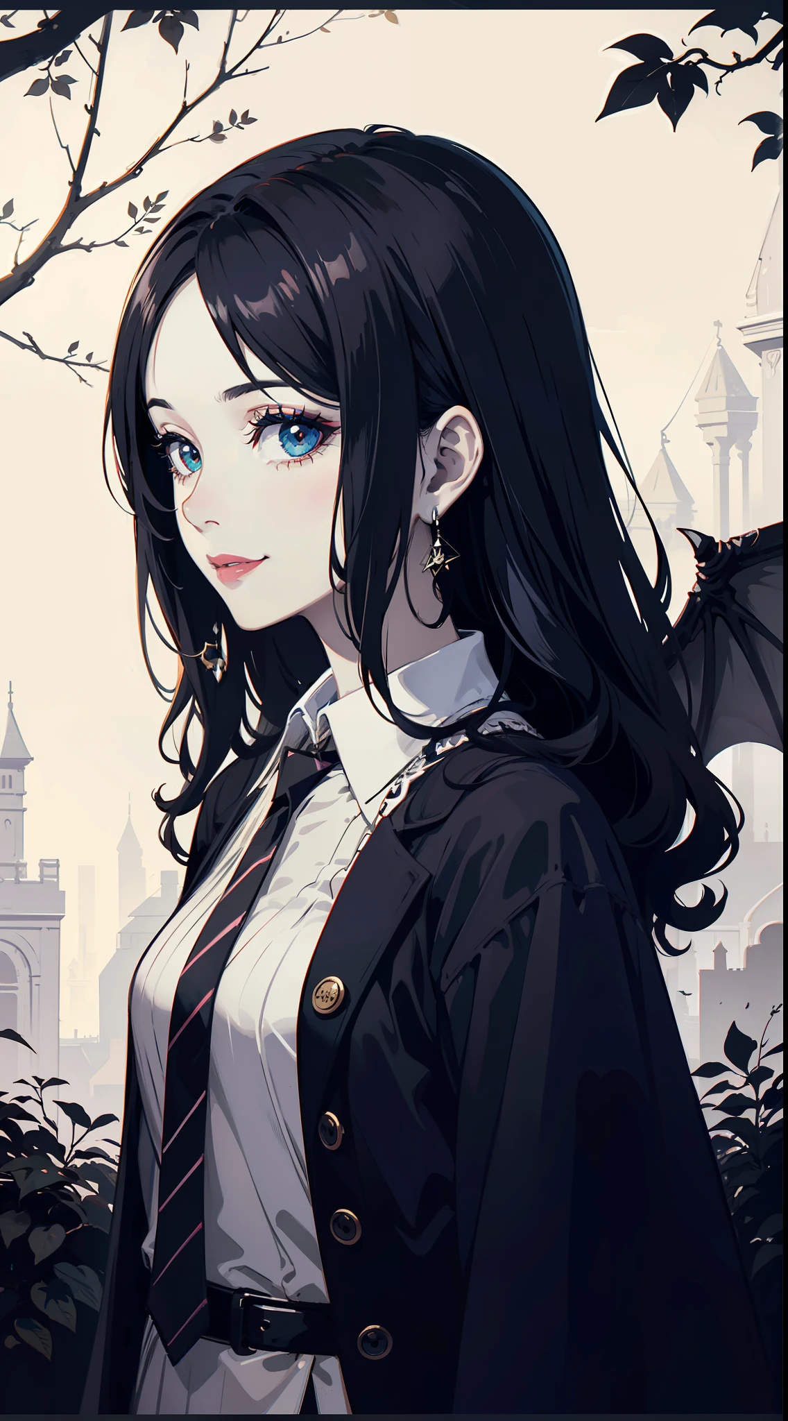 (official art, unity 8k wallpaper, ultra detailed, High quality, best quality), silhouetted, sepia, (flat color, partially colored, limited palette, low contrast, alternate color), ((face close-up, upper body)), beautiful side face, from side, 
(1girl:1.3), tohsaka-rin, (solo), ribbon, witch, long curly hair, wavy hair, lipstick, large breasts, makeup, (lipstick:0.6), smile, earrings, long nails, 
magical robes, wide cuffs, knotted buttons, loose collar, striped necktie, white shirt, pleats, gloves, jewelry, necklace, 
graveyard, frame, bare_tree, bat, bat_wings, branch, Gothic castle, withered_flower_leaf, plant,