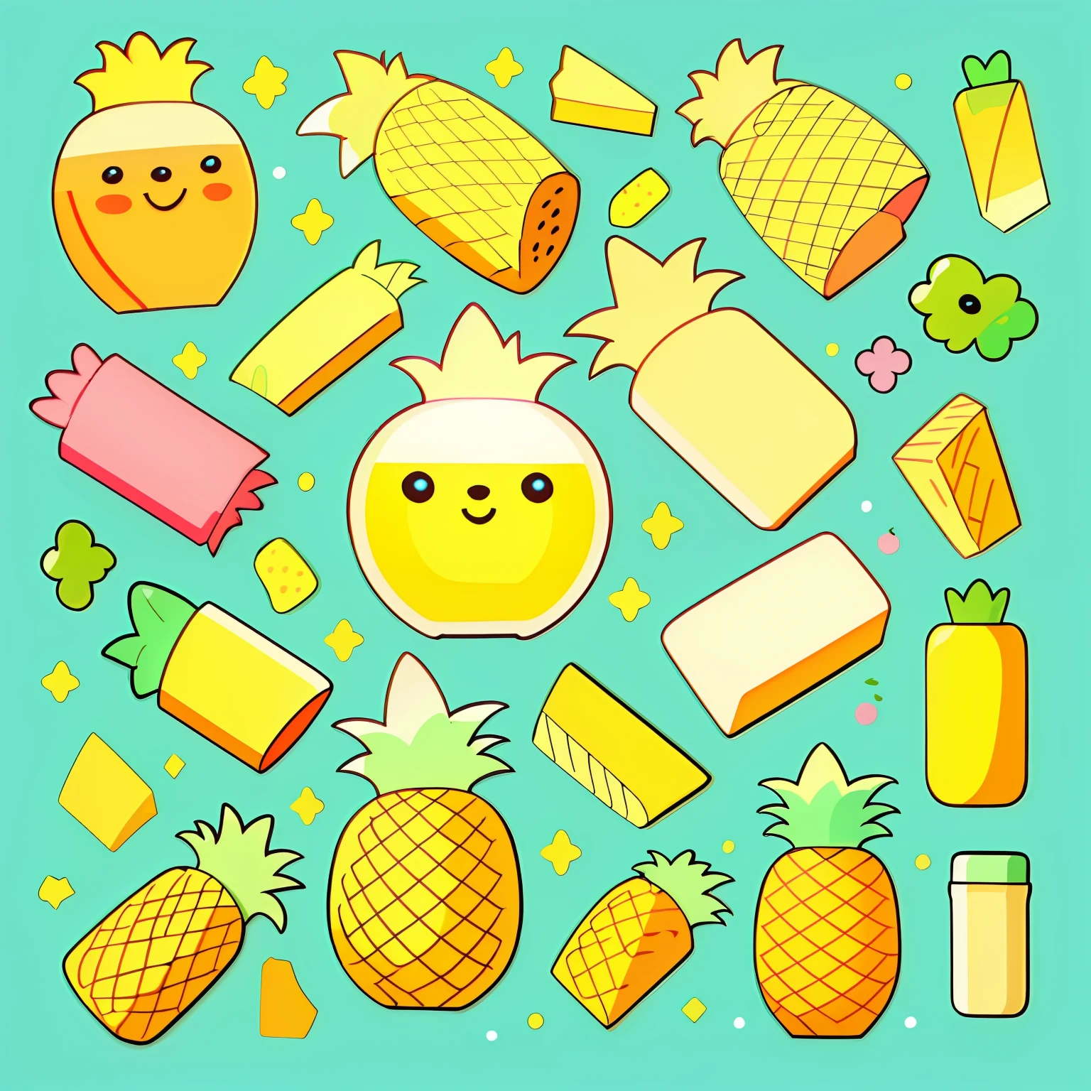 Individual stickers， white backgrounid， nothing background， simple backgound， dk， adolable， pastel colour， vectorstyle， no gradien，Refinement，pineapples，Pineapple elements。