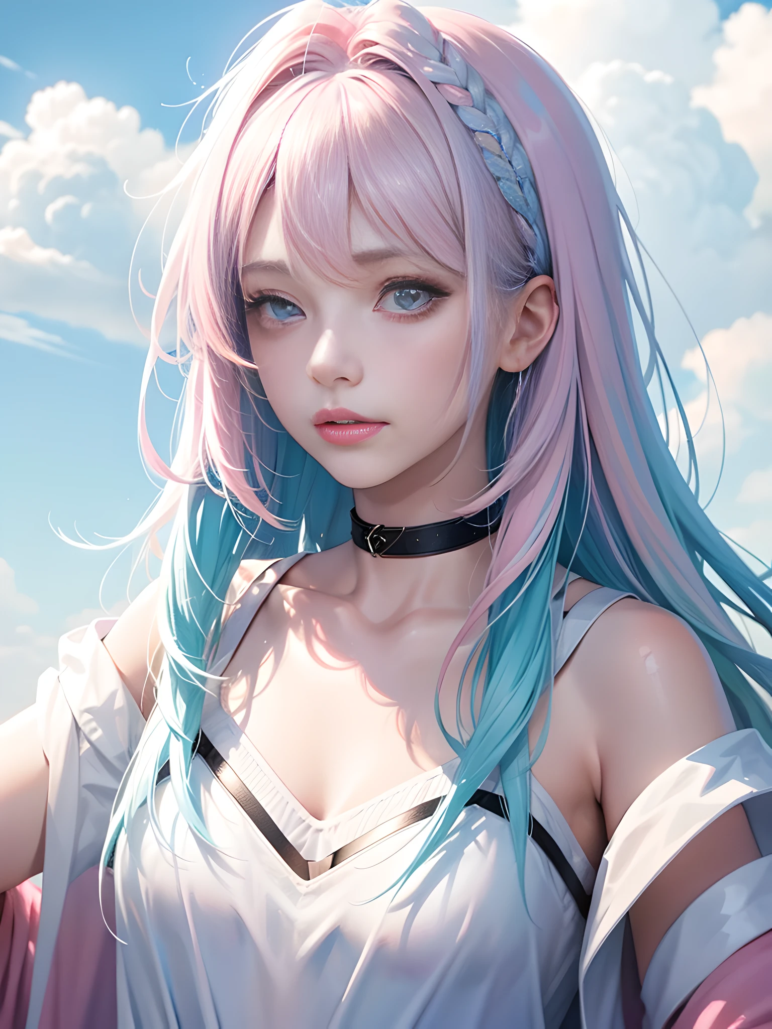 prompt:watercolor painting,fly in the sky,portrait of a girl,sliver gradient hair,(sliver hair:1.1),(light blue hair:1.1),(pink hair:1.2) ,