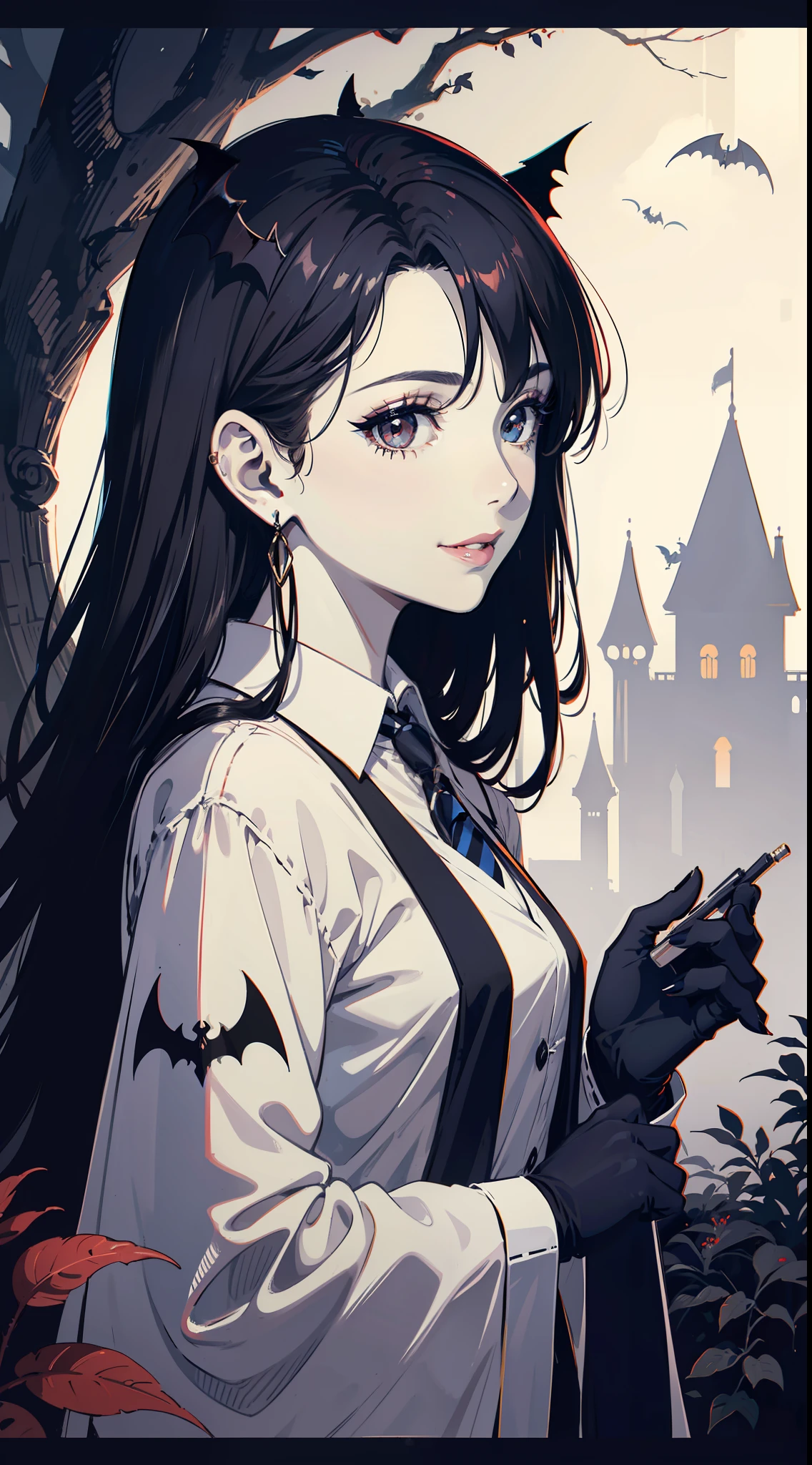 (official art, unity 8k wallpaper, ultra detailed, High quality, best quality), silhouetted, sepia, (flat color, partially colored, limited palette, low contrast, alternate color), ((face close-up, upper body)), beautiful side face, from side,
(1girl:1.3), tohsaka-rin, (solo), ribbon, witch, long curly hair, wavy hair, lipstick, large breasts, makeup, (lipstick:0.6), smile, earrings, long nails,
magical robes, wide cuffs, knotted buttons, loose collar, striped necktie, white shirt, pleats, gloves, jewelry, necklace,
graveyard, frame, bare_tree, bat, bat_wings, branch, Gothic castle, withered_flower_leaf, plant,
