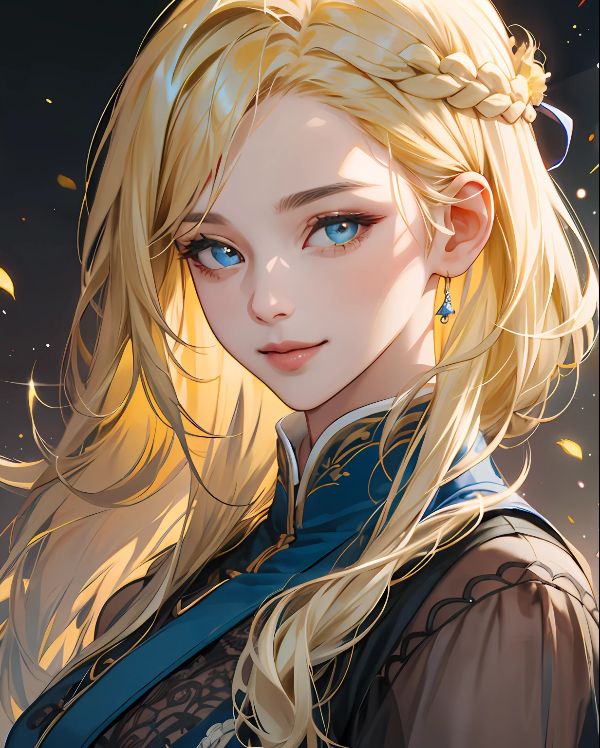 (hoang lap,A high resolution,ultra - detailed), 1girll, Mature woman, intricately details, enlarged textures, intricately details, Fine and detailed eyes and detailed face, intricately details, A yellow-haired, (Keep one's mouth shut),blue color eyes,ssmile