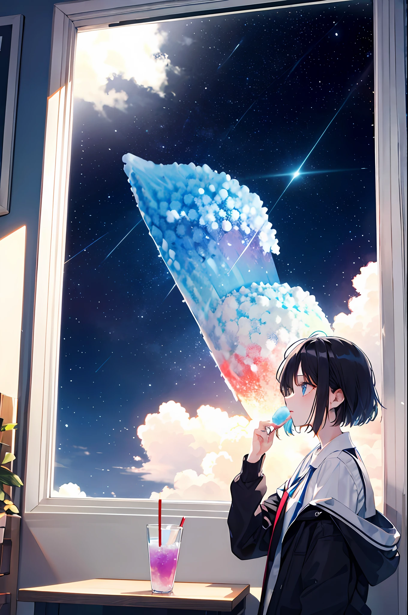 infp young woman.Looking out the window at the view,window,firmament,​​clouds,shave ice,high-level image quality