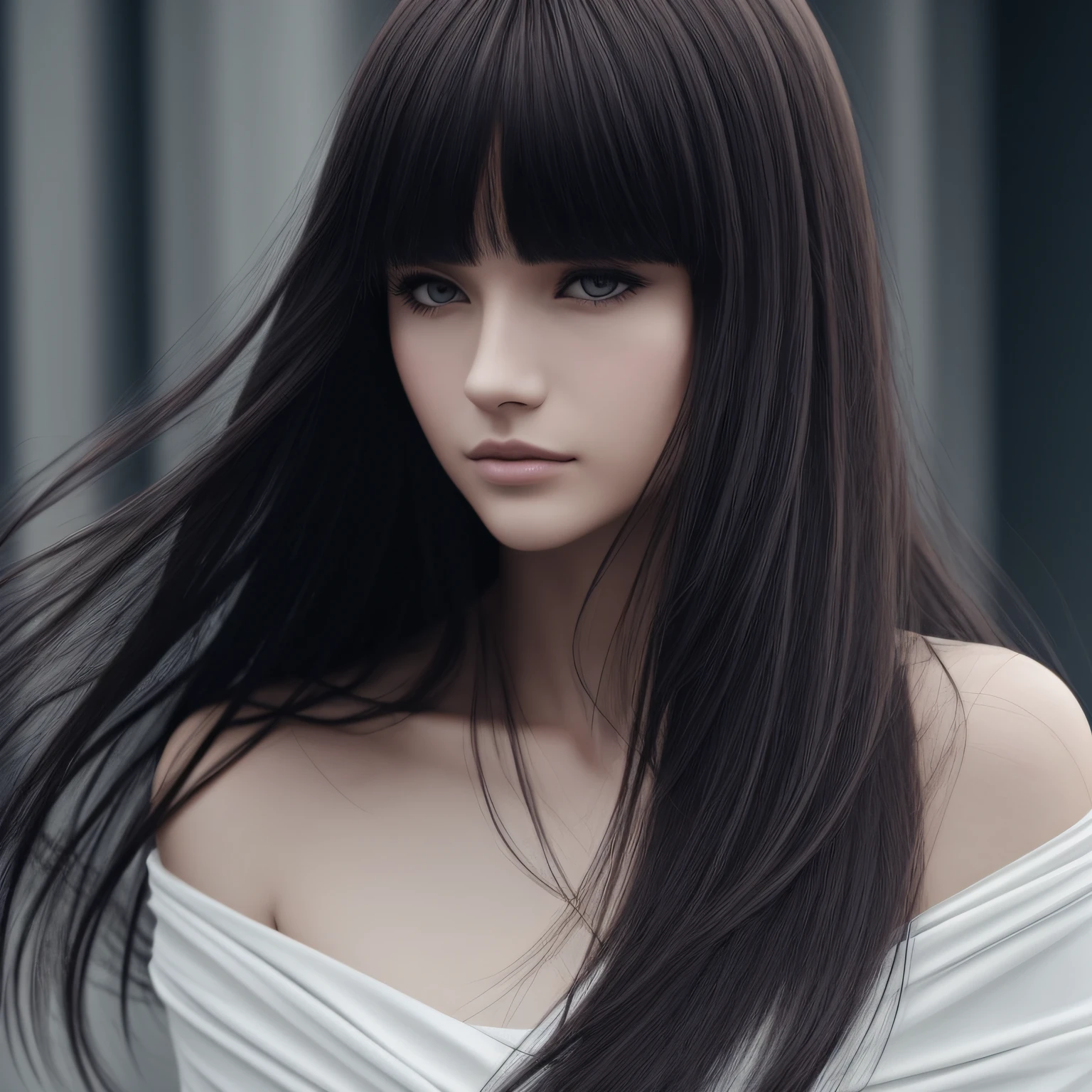 a beauti,Cold white skin,Pointed chin,With bangs,Draped with hair,Hair down to the shoulders or so --auto