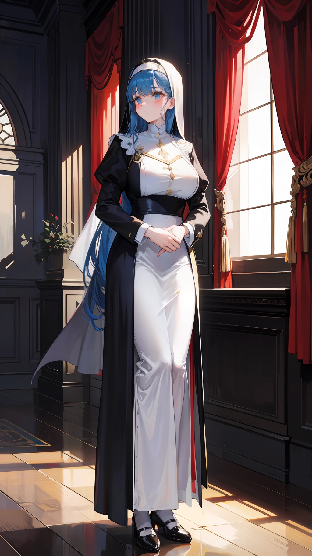 Long blue hair,Pull it into a French braid,Fine silk blue ribbon,Teary-eyed,Intense chiaroscuro,Revolutionary art manifesto-style rich classical retro atmosphere,Huge 16k pixel quality,The highest quality in every detail,Anatomically perfect presentation,Nun attire,chies,Full body like。