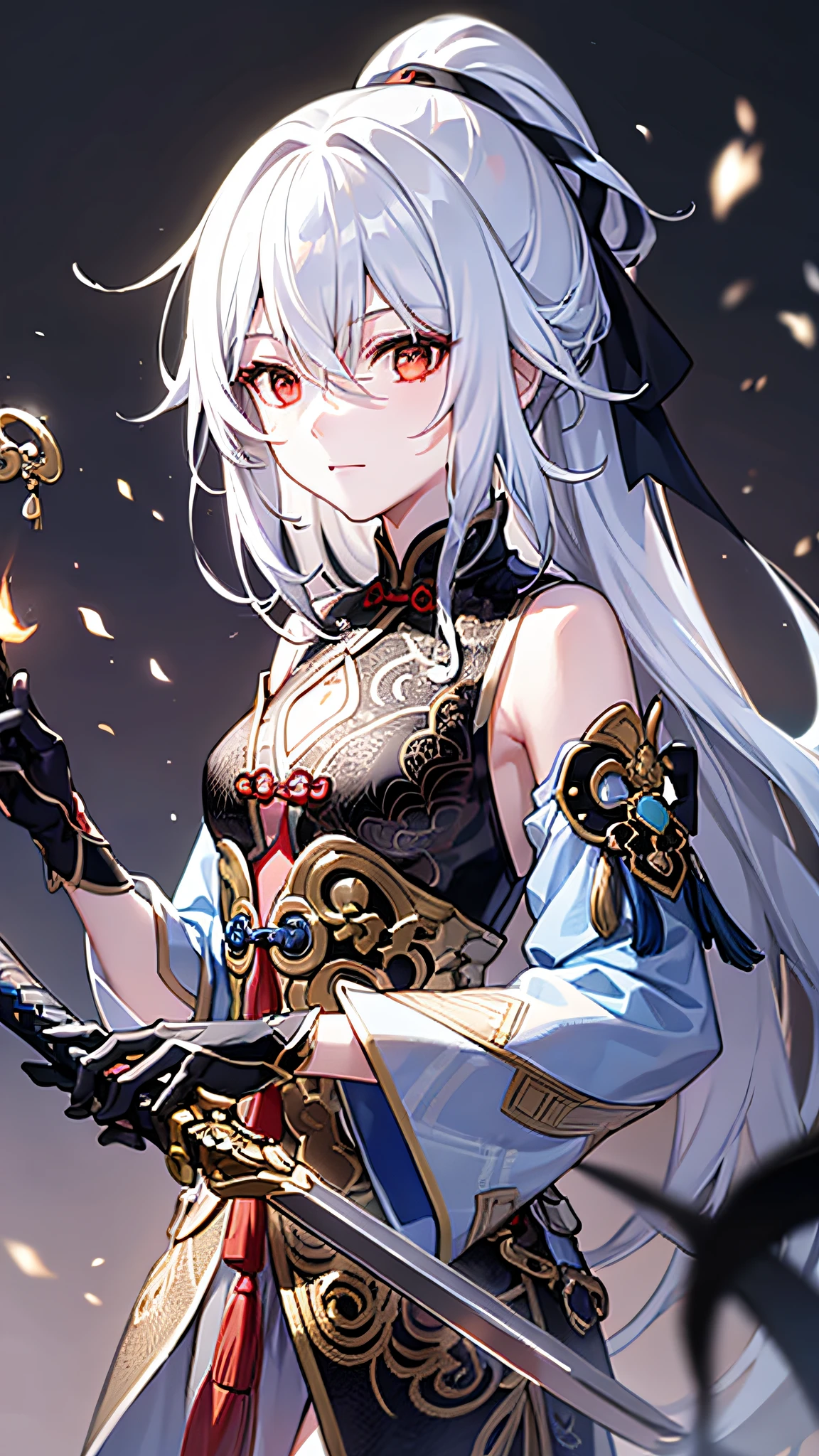 Chinese ancient style,Holding a sword,White color hair,Blackn clothes,red color eyes,high and cold,earnestly,High ponytail