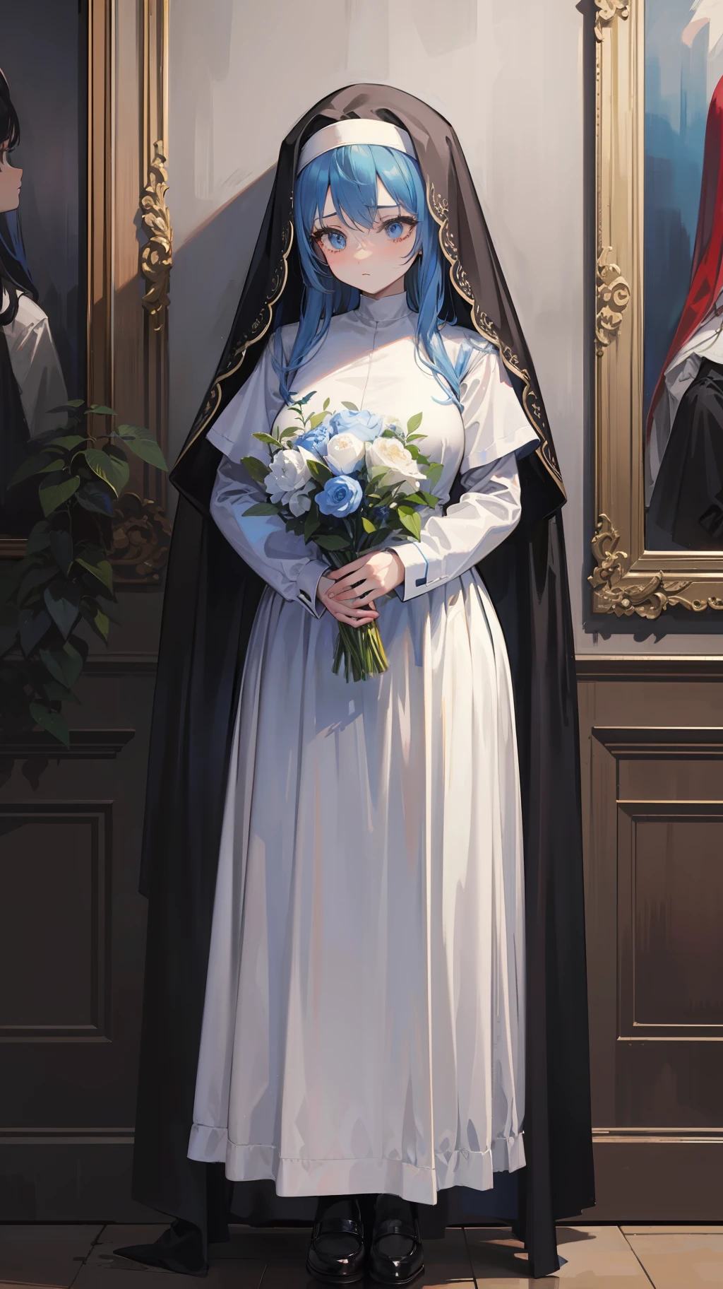 Long blue hair,Pull it into a French braid,Fine silk blue ribbon,Teary-eyed,Intense chiaroscuro,Revolutionary art manifesto-style rich classical retro atmosphere,Huge 16k pixel quality,The highest quality in every detail,Anatomically perfect presentation,Nun attire,chies,Full body like。