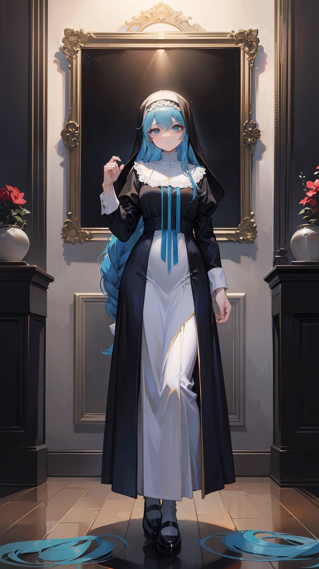 Long blue hair,Pull it into a French braid,Fine silk blue ribbon,Teary-eyed,Intense chiaroscuro,Revolutionary art manifesto-style rich classical retro atmosphere,Huge 16k pixel quality,The highest quality in every detail,Anatomically perfect presentation,Nun attire,chies,Full body like。
