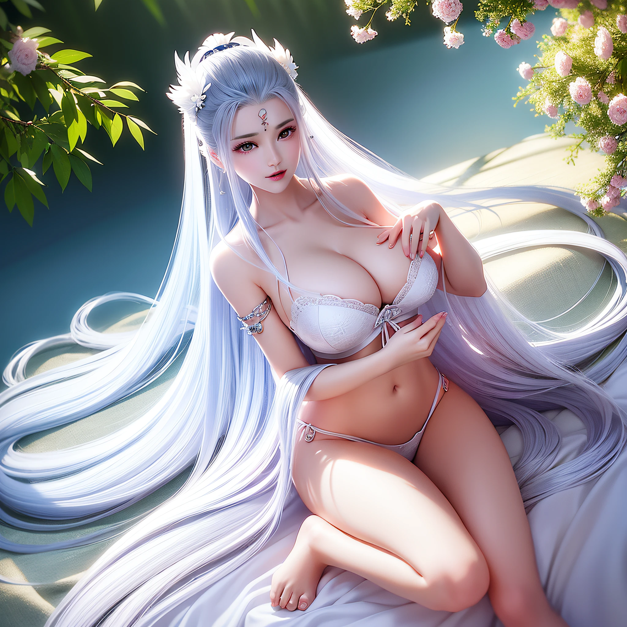 8k,Woman in white dress lying on bed, gorgeous chinese models, full-body xianxia, Gorgeous young Chinese woman, Beautiful Asian girl, Beautiful Chinese woman, huge tit,pale milky white porcelain skin, beautiful angel, young wan angel, Chinese girl, beautiful female angel, beautiful angel, trending on cgstation,, Beautiful girl model