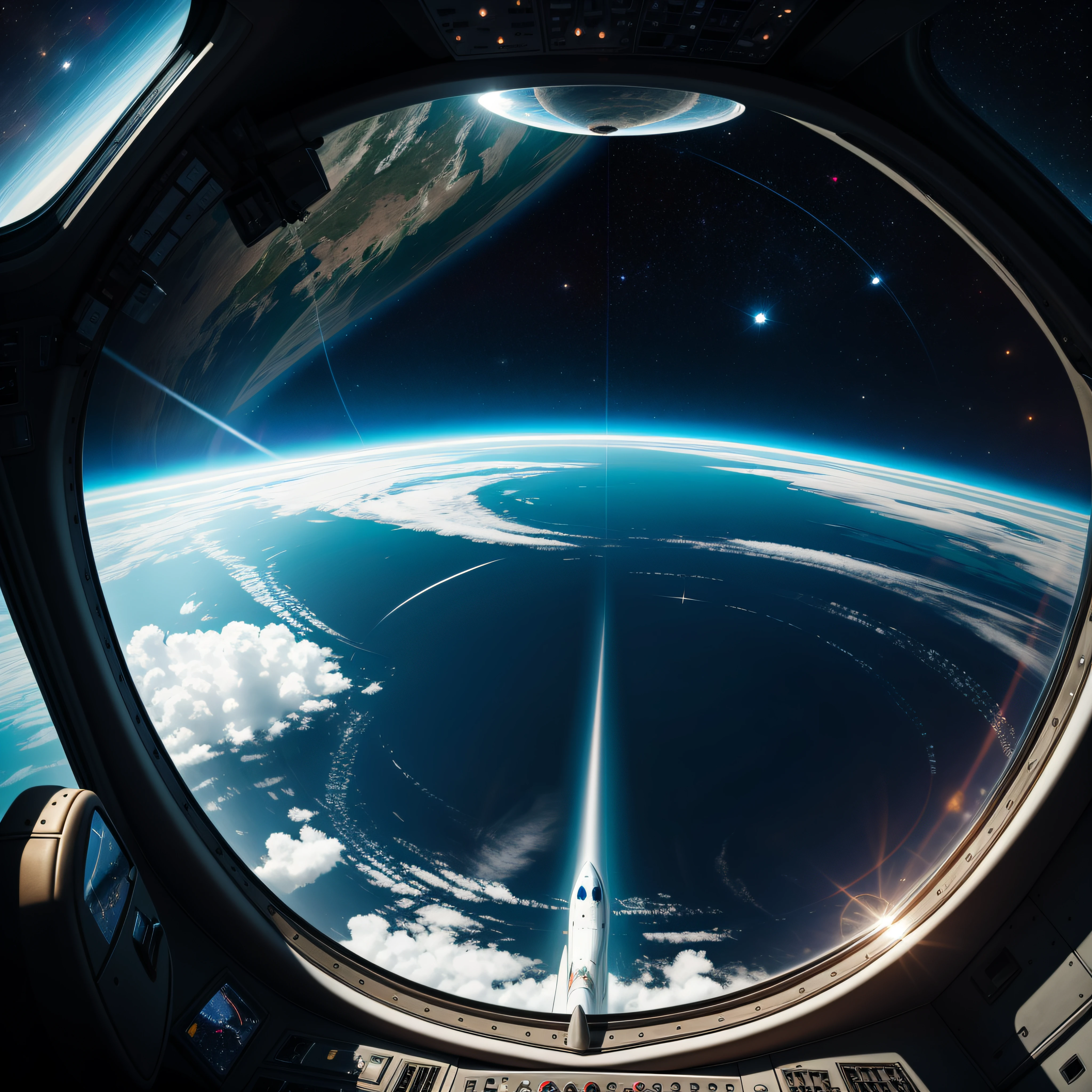 looking out into space from a ufo, the cockpit glass is massive and round, a full 360 degree view