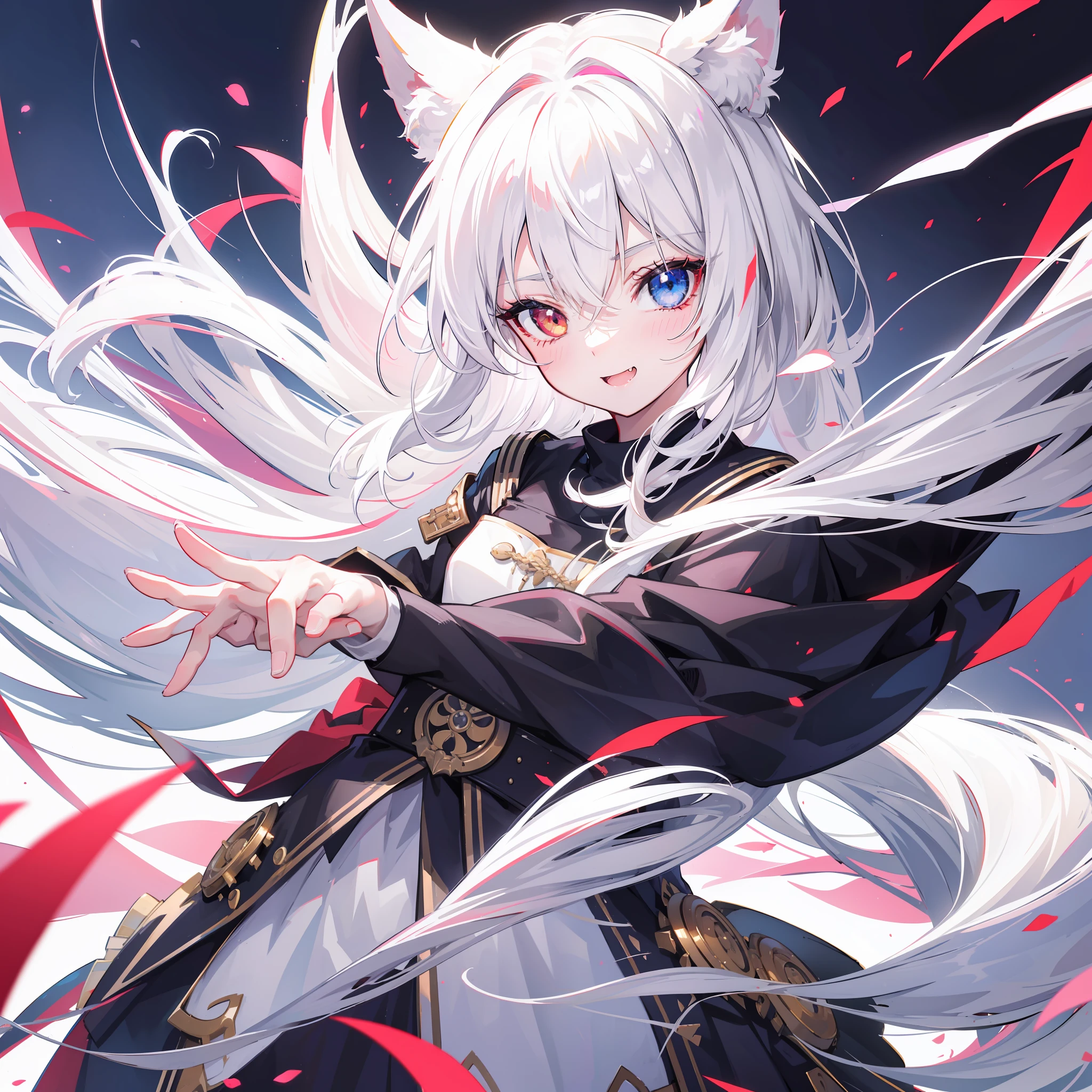 black hair, hair bobbles, wince, longeyelashes, solid circle eyes, fake animal ears, light smile, ear blush, fang, white hair, heterochromia, excited, fang out, anime style, drop shadow, anaglyph, stereogram, tachi-e, pov, atmospheric perspective, 8k, super detail, ccurate, best quality