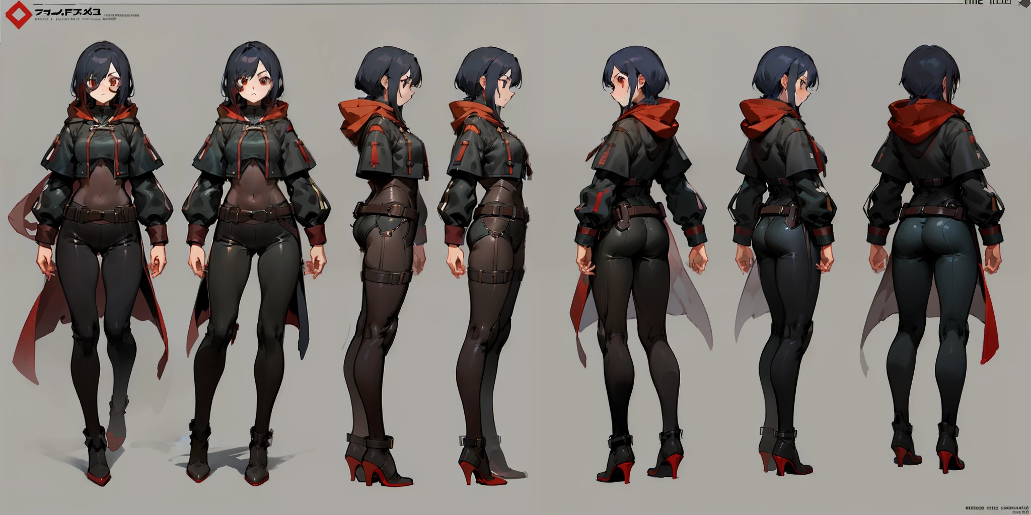 Medieval worldview，1 Female Assassin，Wear leather bodysuits，high heels boots，Wear a hood that covers your face，Raise the dagger，concept-art，full bodyesbian，The front of the same character, Side, back，（tmasterpiece：1.2），（best qualtiy：1.3），standing on your feet