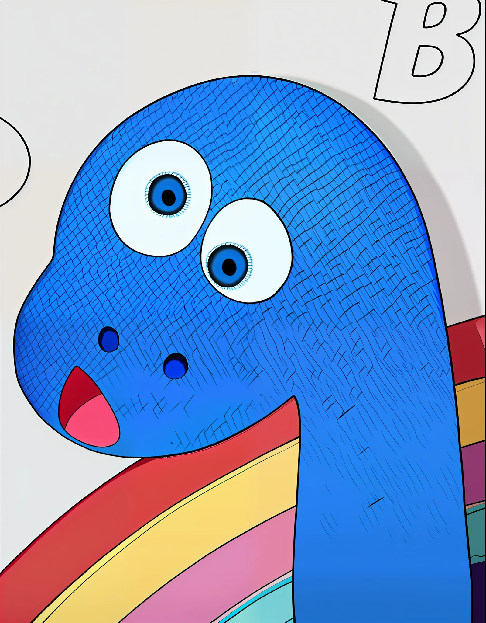 Close-up of blue dinosaur,The background is a rainbow, claymation character, inspired by Tomi Ungerer, rounded beak, bluey, blue arara, worm round mouth, added detail, blue head, profile close-up view, abstract claymation, stop motion character, Close-up view, close - up view, poyo