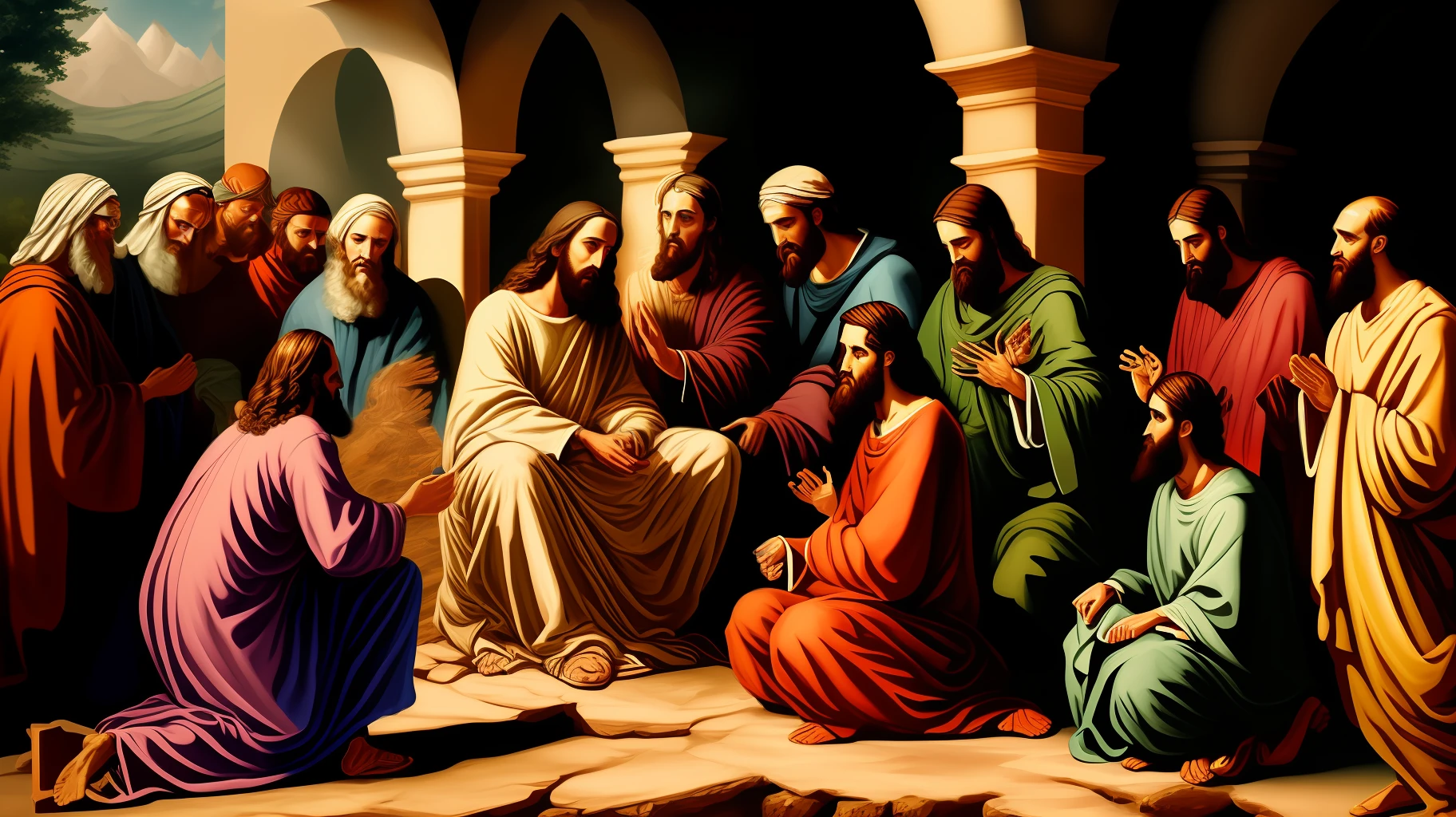 Jesus in the midst of the disciples, bible illustration, epic biblical representation, imagem super realista, cinematic lighthing, beautiful depiction, Realistic, 4k, HDR --auto