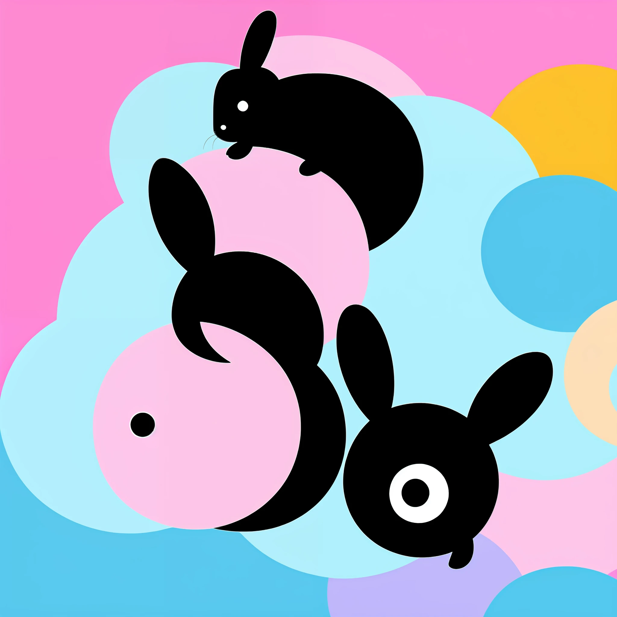 Logo design - A cute black rabbit with bulging eyes, surrounded by fluffy white clouds with a pink hue.