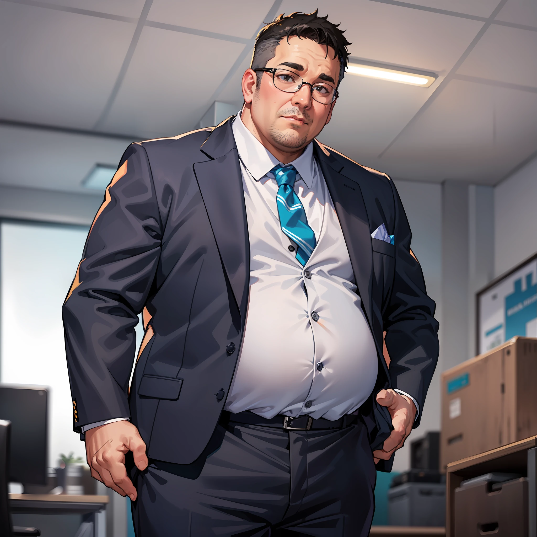 (A fat, greasy middle-aged man in a suit)
(In the office)
(Talking face to face)
(A young man in a suit with glasses)
