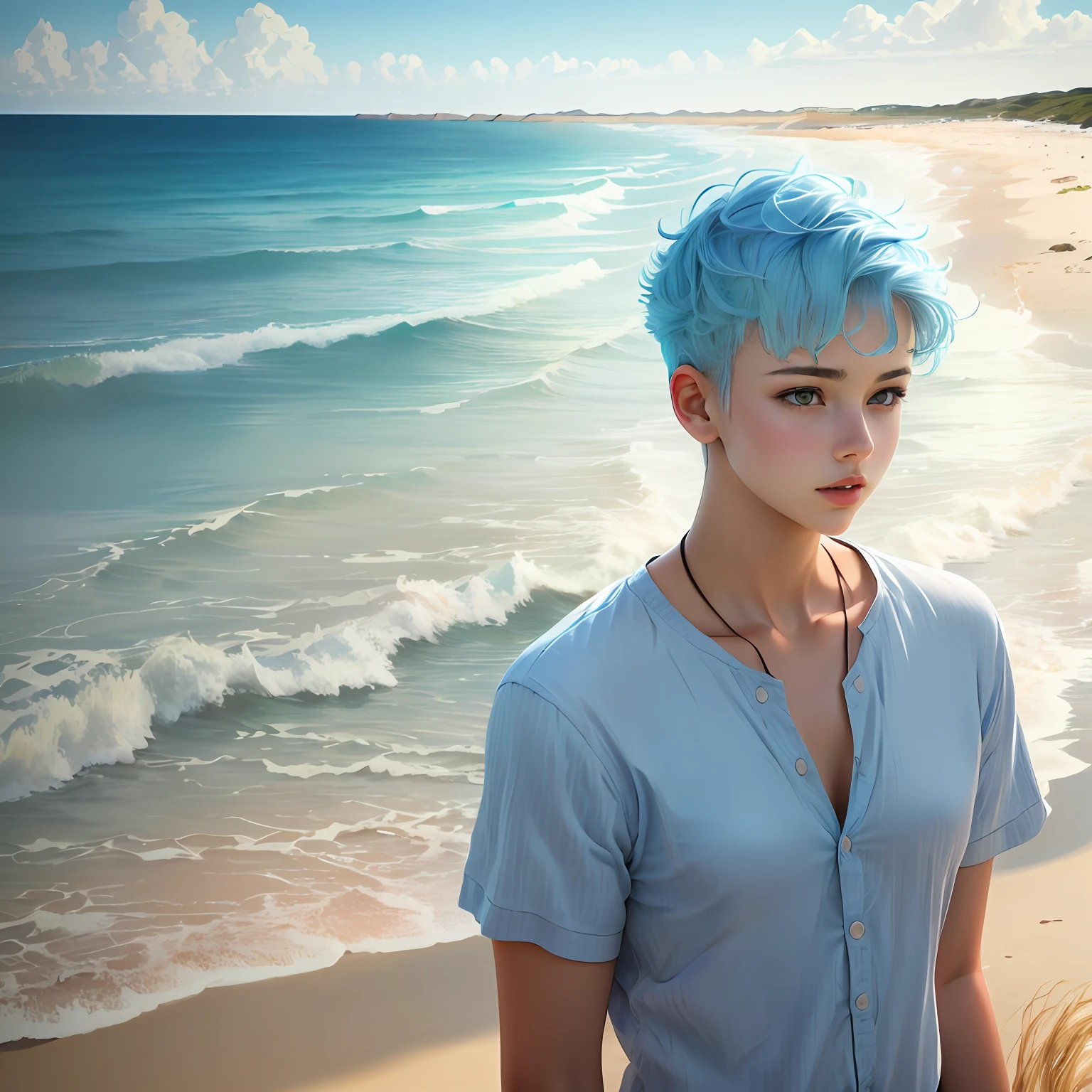 teens girl,blue clothes,the ocean,whaite hair