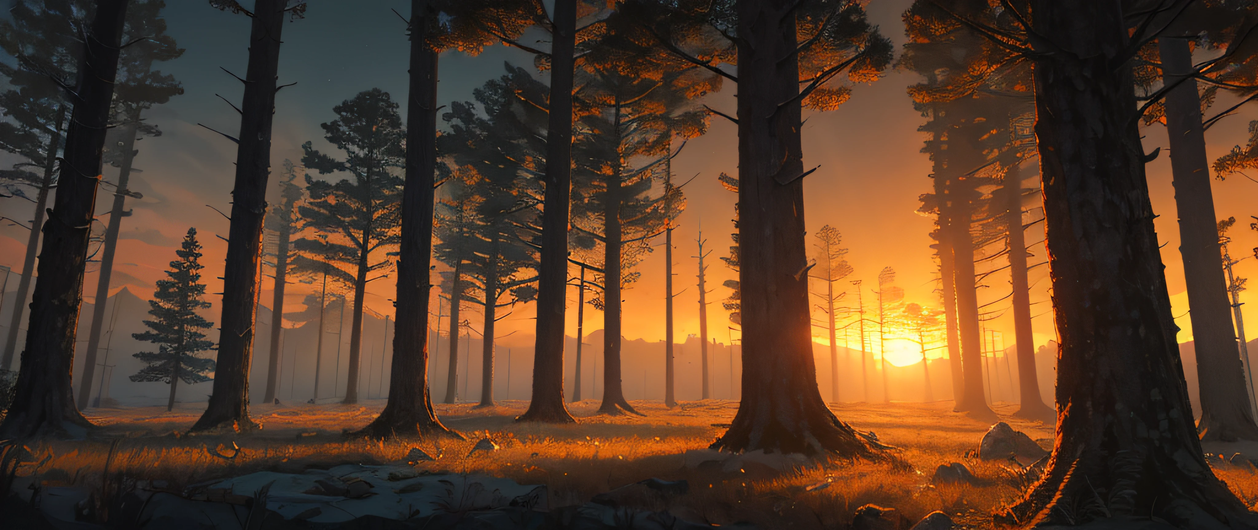 (masterpiece, best quality:1.2), ultra detailed, cinematic lighting, HDR, ilustration, sunrise, forest, impressive, chill, inspirational,