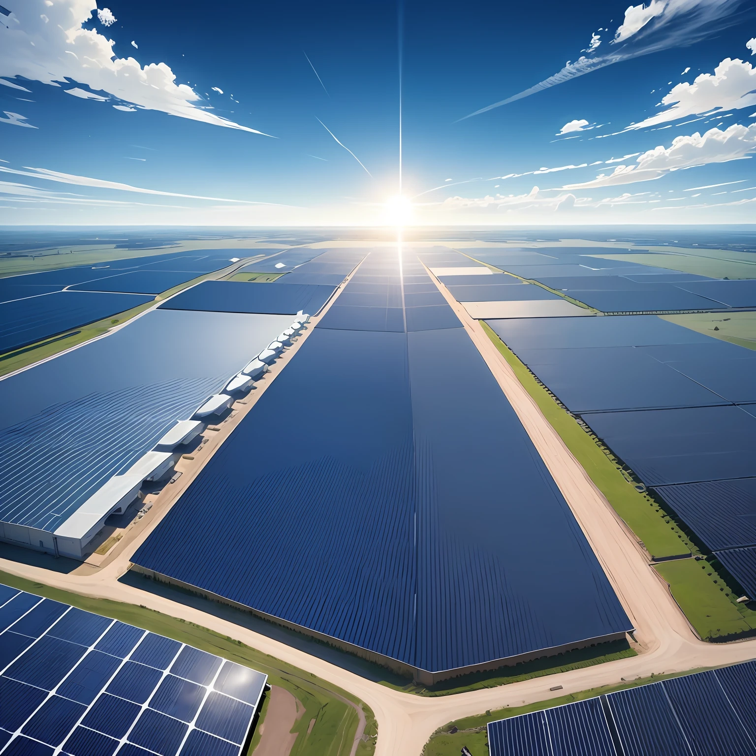 Peaceful solar power station, with a blanket of solar panels and wind turbines, Illuminated by the glow of the blue sky and white clouds, Clean，detail-rich --auto