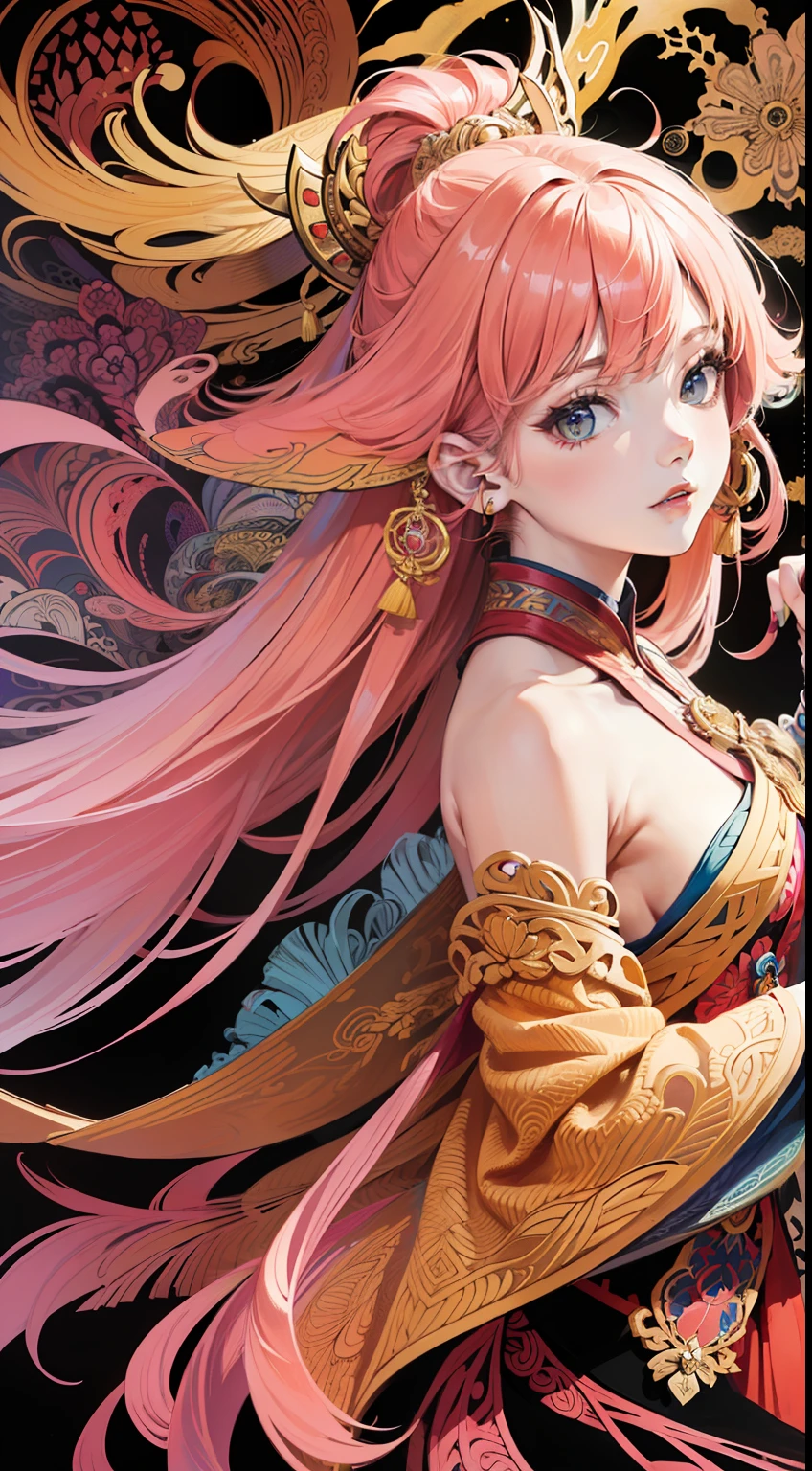(masterpiece, top quality, best quality, official art, beautiful and aesthetic:1.2), (1girl:1.3), extremely detailed,(fractal art:1.2),colorful, highest detailed, (zentangle:1.2), (dynamic pose), (abstract background:1.5), (treditional dress:1.2), (shiny skin), (many colors:1.4), upper body, yae miko, pink hair, shine hair,