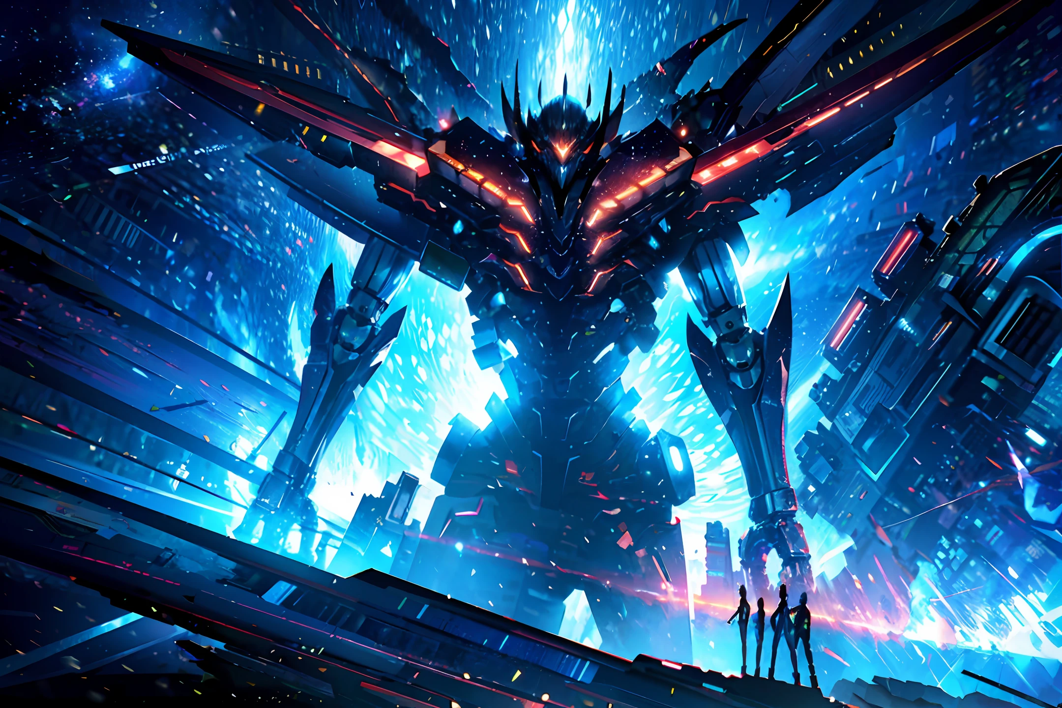 Masterpiece, Awesome, Amazing, Fine, Fine Rendering, Ruins, Metallic Texture, Big Scene, High Resolution, Mysterious, Sacred, Divine, Powerful, Illustrations, CG Extremely Fine, Pacific Rim, Distant Mechanical Dragon and Life Set, Space, Extremely Detailed CG Unified 8k Wallpaper, Light Art, Artist Style, Concept, Design, Technology, Sci-Fi, Humanoid, Remus Machine - Fenrir, Super Machine, Mechanized Transformation, Mechanical Weapon