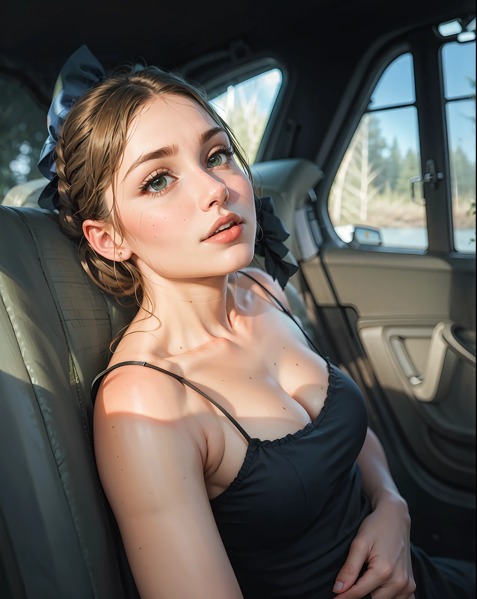 a hyper-realistic portrait of a young woman, under a tree, inside a forest, in the middle of nature, 22 years old, realistic, (lying on her side), sexy, (huge breasts 2:1), short brown hair, (hair tied with bows), curved, SFW