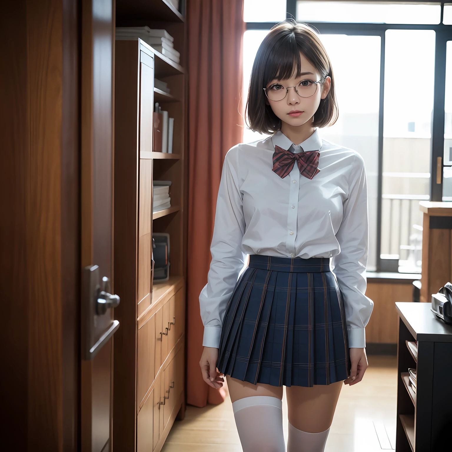 (8K、Raw photography、top-quality、masterpiece:1.2)(Tight eyes,Bullish,skinny,Rasping,irate,small tits,flat breast)、masterpiece,top-quality、超A high resolution,Raw photo,ren,Beautiful fece,shorth hair,One Person, 独奏,eye glass,,Dark look,Small breasts,fullllbody,Round glasses、cute little、A Japanese Lady,is standing,(Tight eyes,Bullish,skinny,Rasping,irate,small tits,flat breast)、(Photorealsitic:1.37)、Photon mapping,Light blue ribbon,Realistic、Cute little face,Brown-eyed、Black socks、(Red bow tie)、Radio City、Physically Based Rendering、Foreground、depth of fields、Blurry background、a picture,The girls、Body, Long legs, Thin leg, bob cuts,(Bangs are visible), hair, s lips, Blue_The eye, nosesoft, Light blue shirt, Navy blue and white plaid pleated skirt, Sheer clothing,, Thigh, Black cotton socks,Nogizaka Idol, 女優, Japanese ido