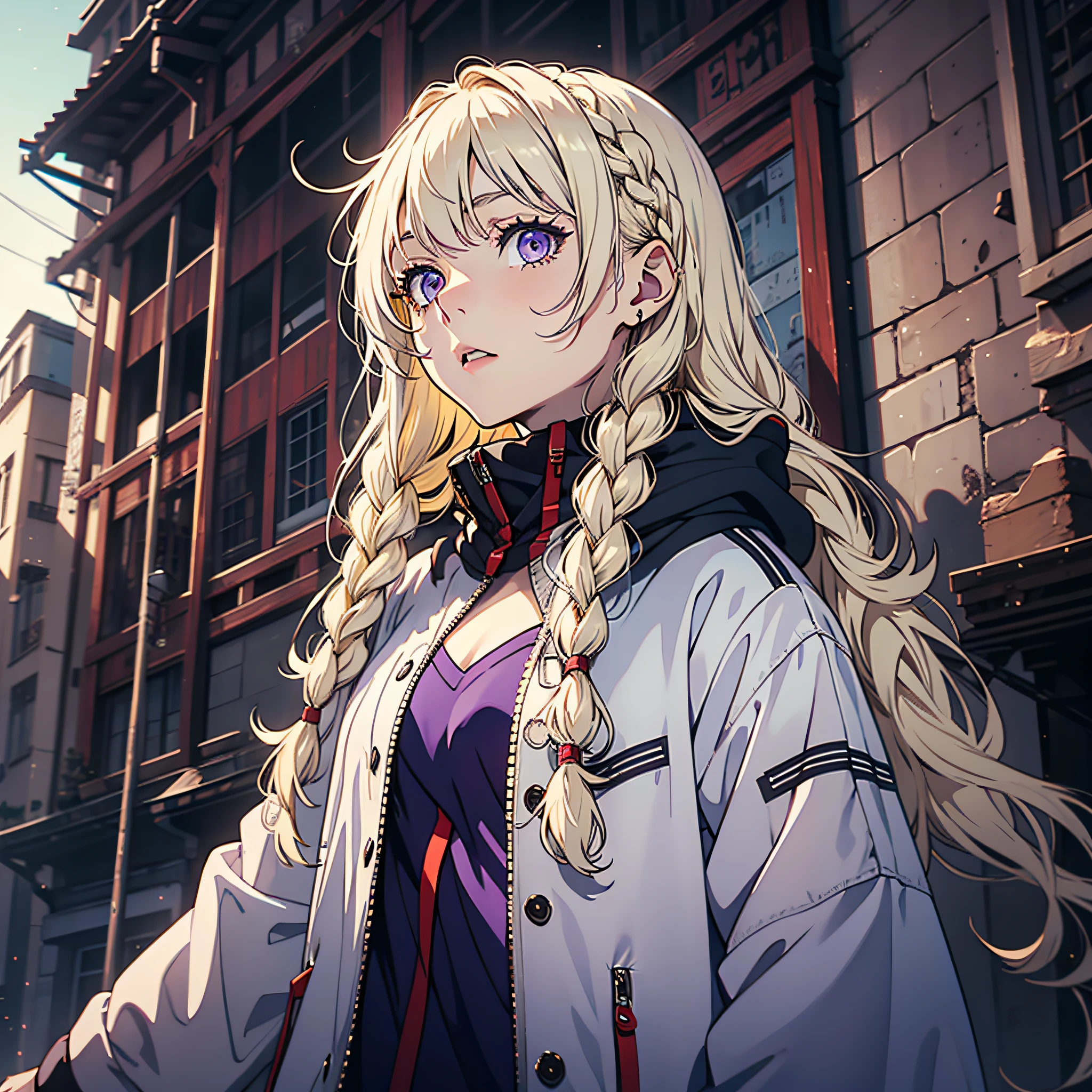 Manteau blanc，white skinned，Yellow-haired，long braid，Purple eyes，Look up