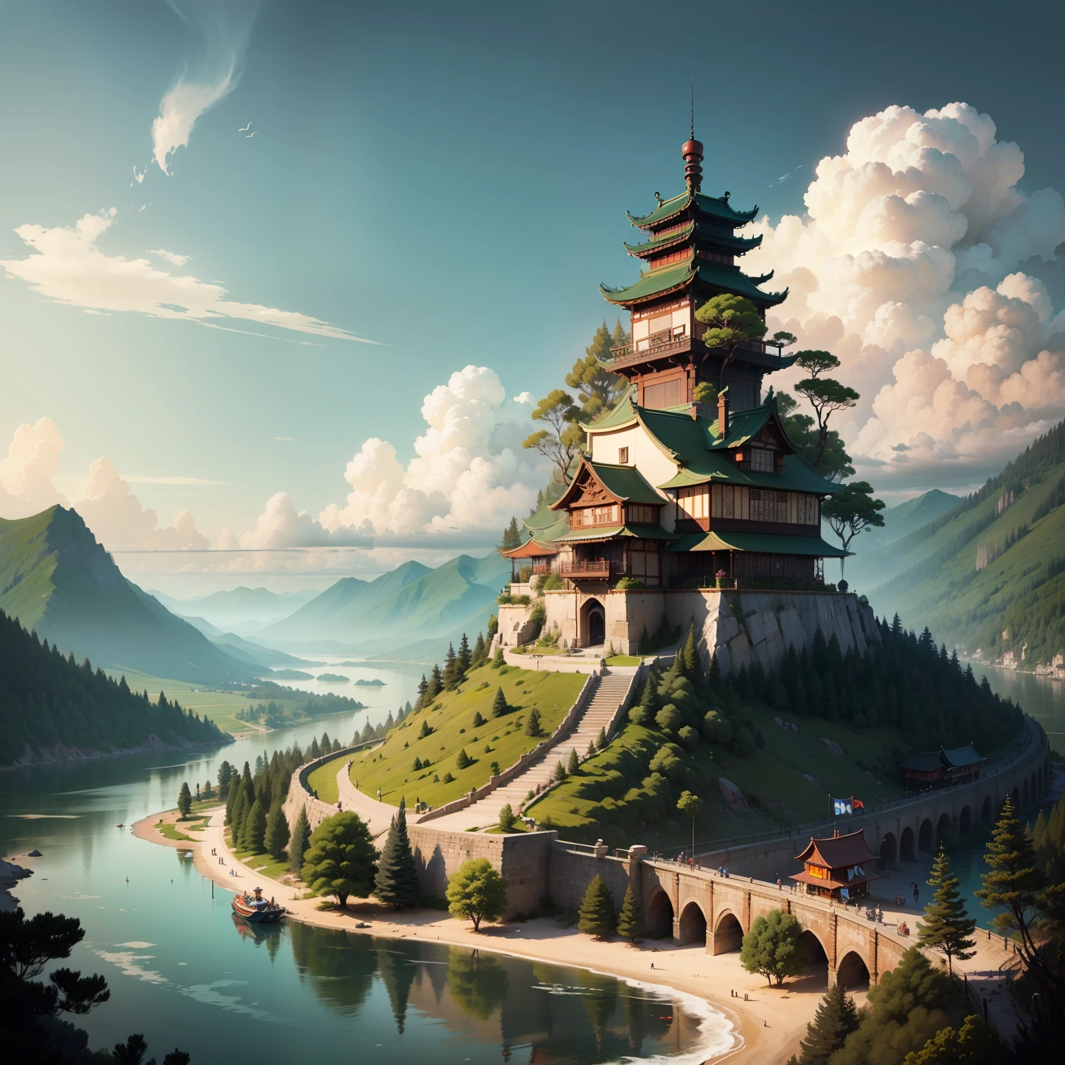 The mountains are steep here，surrounded by cloud，Sunlight shines through the clouds，A dreamy colored cloud is formed。This view gives a mysterious feel、Wonderland feeling，It's like being in the middle of a fairy mountain。There is an ancient Chinese-style city on the mountain，A small Chinese-style boat sails on the river，Light boats travel through countless mountains，See the lush green plants on both sides，And a couple of monkeys --auto