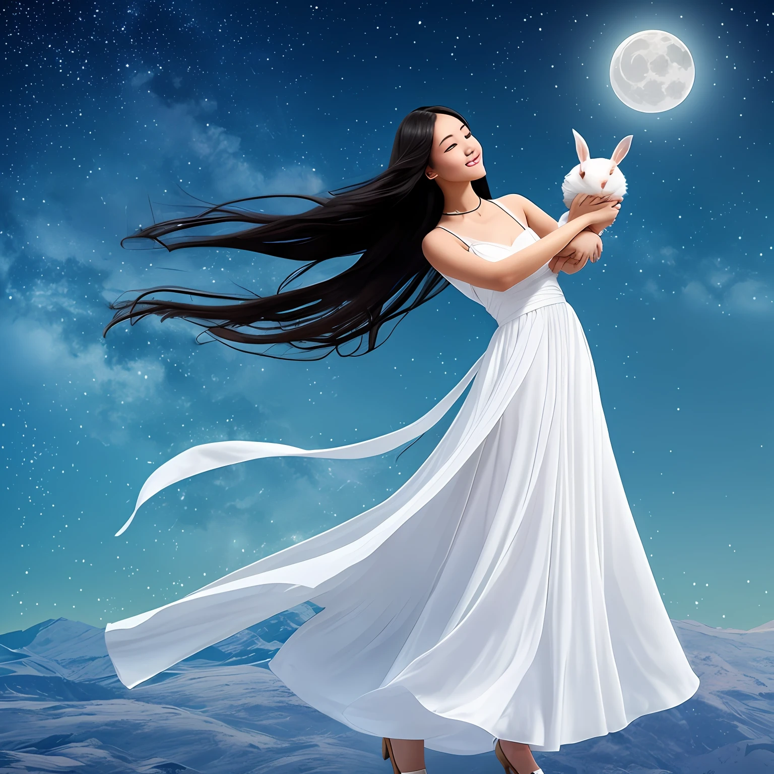 The night when the moon is high in the moon,flowing white dress,Fly in mid-air,Dongfang's face was as pale as jade skin,Long black hair to the waist,Face the ground,With a shy smile,Tall and tall,Expose your shoulders,Beautiful blue pendant,Facing the audience,Holding a small rabbit in his arms,The skin is like jade,Love eyes,Modern faces,super high image quality,8K分辨率,电影灯光,