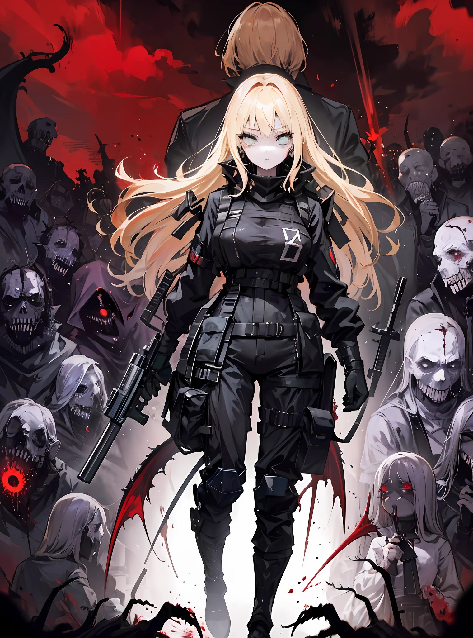 {{masterpiece、8K:1.5、Top image quality、超A high resolution、top-quality、extremely details CG、Lively images:1.6、Undead Movies、lensflare}}、、(One healthy girl soldier fighting the undead)、(Wide View)、thick body、 Photorealsitic:1.4、Long Blonde Hair、Green eyes、black combat suit、((Hordes of the Undead:1.5))、Stranger、(Girl surrounded by a crowd of undead monsters)、((Large firearms in each hand))、Blood splashes on the walls、Blood splashes on the barrel、((Surrounded by zombies))、SLR、depth of fields、from behind、Flying Undead、Fire-breathing muzzle