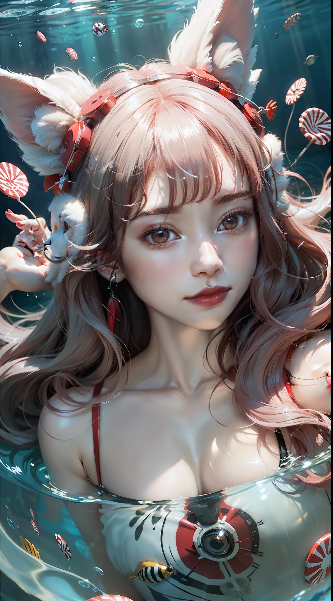 Red-white hair, Animal headdress, nose blush, Cinematic lighting, hyper photorealism, Cinematic lighting, Best quality, 16k, Masterpiece(lying on water,holding lollipop:1.2)partial underwater shot,bare shoulders