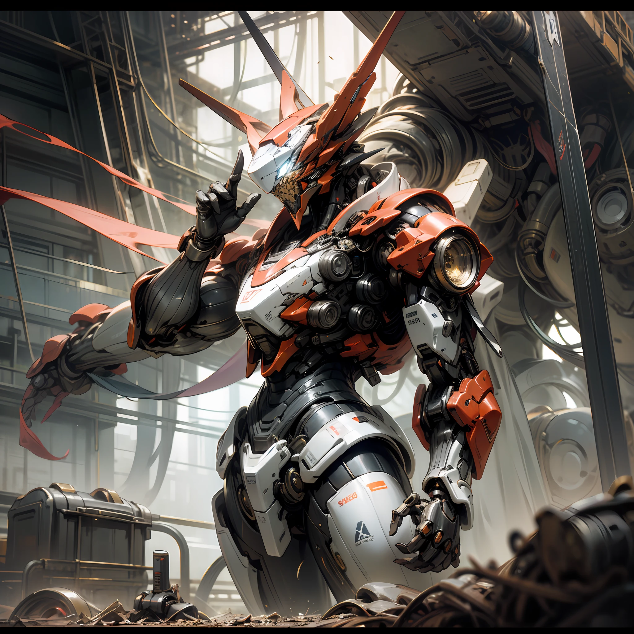 Red and white mixed mech fighter,The background is empty,handheldweapons,Metallic,Mechanical elements,Medium in size,surrealism, surrealism, futurism, , by Pixar, , Cinematic lighting, Sparkle, Chiaroscuro, Lens flare, Ultra-wide angle, Wide shot, 8K, Super detail, Anatomically correct, High details, hyper HD ,right structure, right structure ,The right hand holds a gun --auto