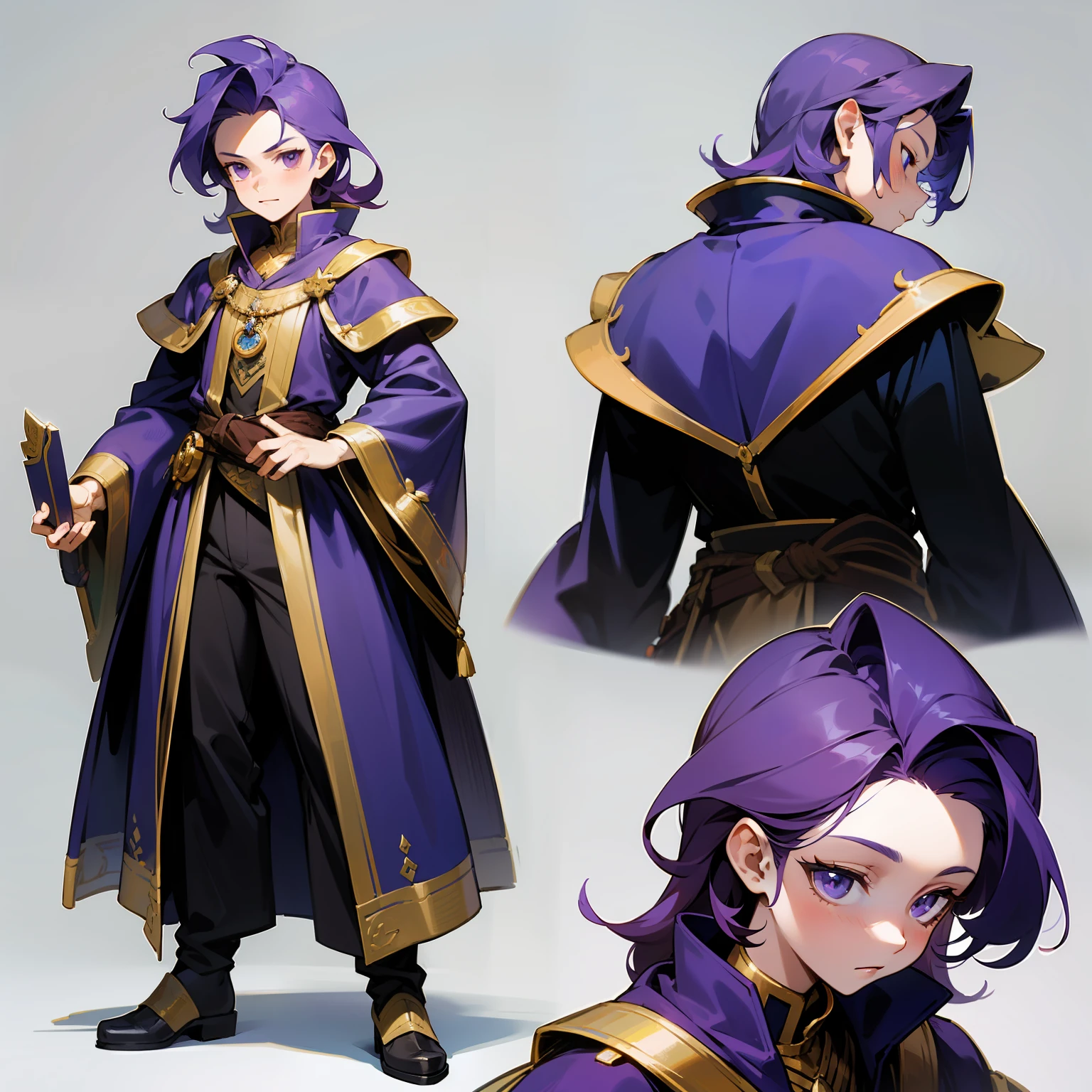 Noble boy, purple hair, Open spellbook held in left hand, same person, same costume, simple background, white background, multiple views, front view, back view, side view