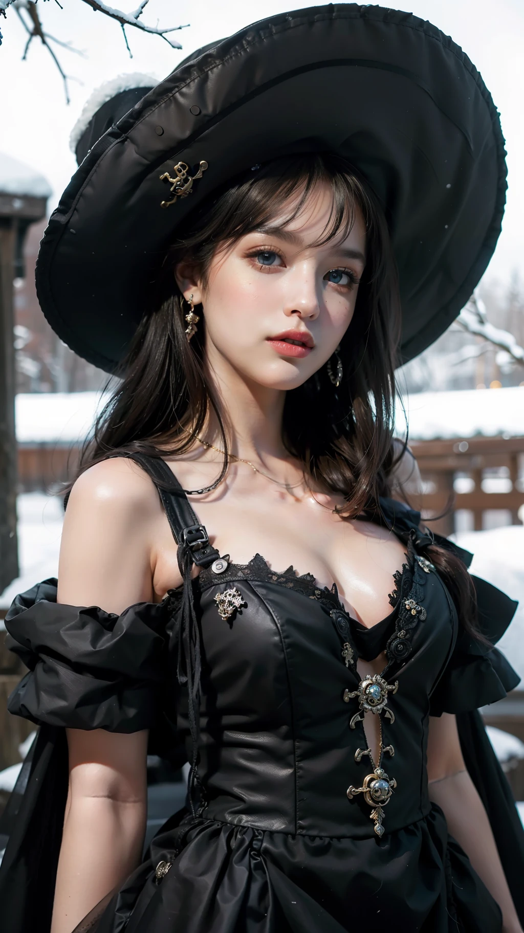 PiratepunkAI, (masterpiece,best quality,realistic,best color,hyper-detailed:1.3), a pretty woman in black dress with hat, blue eyes, eyeliner, maskaras, beautiful eyes and face, perfect proportion, medium shot, snowy background, piratepunkAI, 8k, highres CG, CGsociety