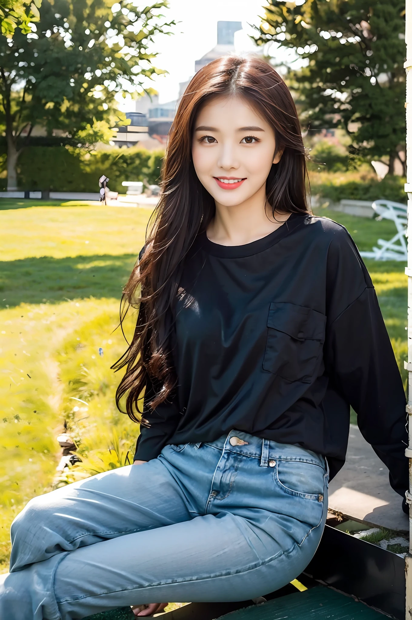 (best qualtiy:1.4),Complicated details,20 years old Korean girl,Wear a loose black T-shirt and skinny jeans,Stand on the grass and take pictures,Detailed meadow,A sweet smile,Ultra-realistic facial details,Coquettish pose,Slender calves:1.2,Wear colorful canvas shoes:1.0,fully body photo:1.5