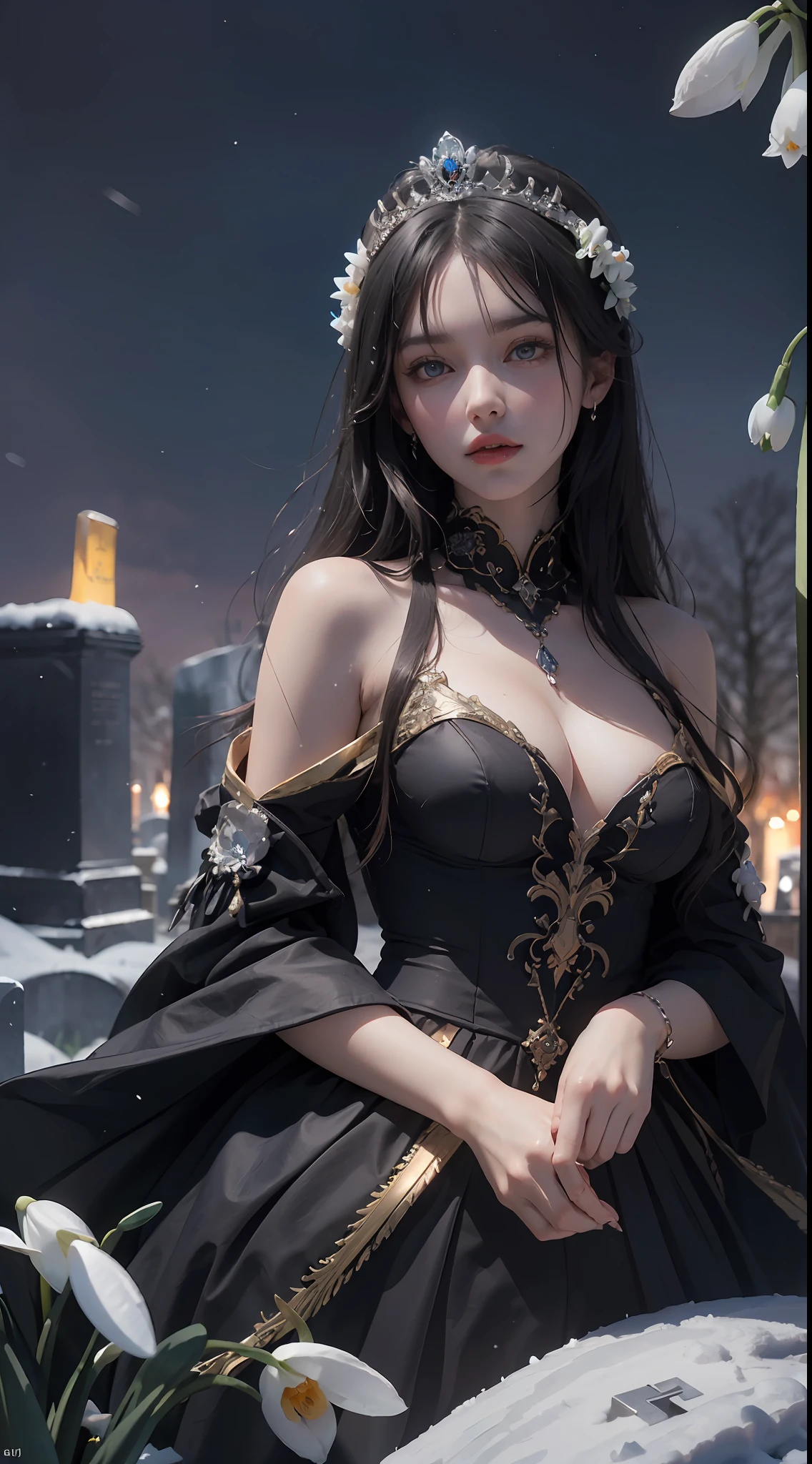 (Masterpiece,best quality,realistic,insane detailed:1.37,medium shot, best color), an award winning photo of beautiful queen in black dress with dark robes,blue eyes, luxurious hairstyle with black tiara, fine detail on skin and face,intricate detail on clothes,(adorned by:dark roses,tiara,skull trickets,dark,black),ornate,fidelity,(((in snowy cemetery,snowdrop)),beautiful dark sky,depth of field,cinematic light,perfect shadow,concept art,highres CG production,8K