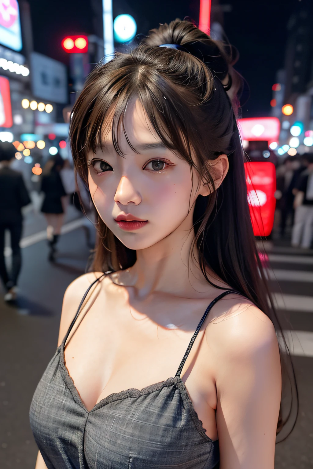 1girl、Streets of Tokyo、natta、A city scape、city light、The upper part of the body、a closeup、8k、RAW Photography、top-quality、​masterpiece、realisitic、Photorealsitic、Sateen