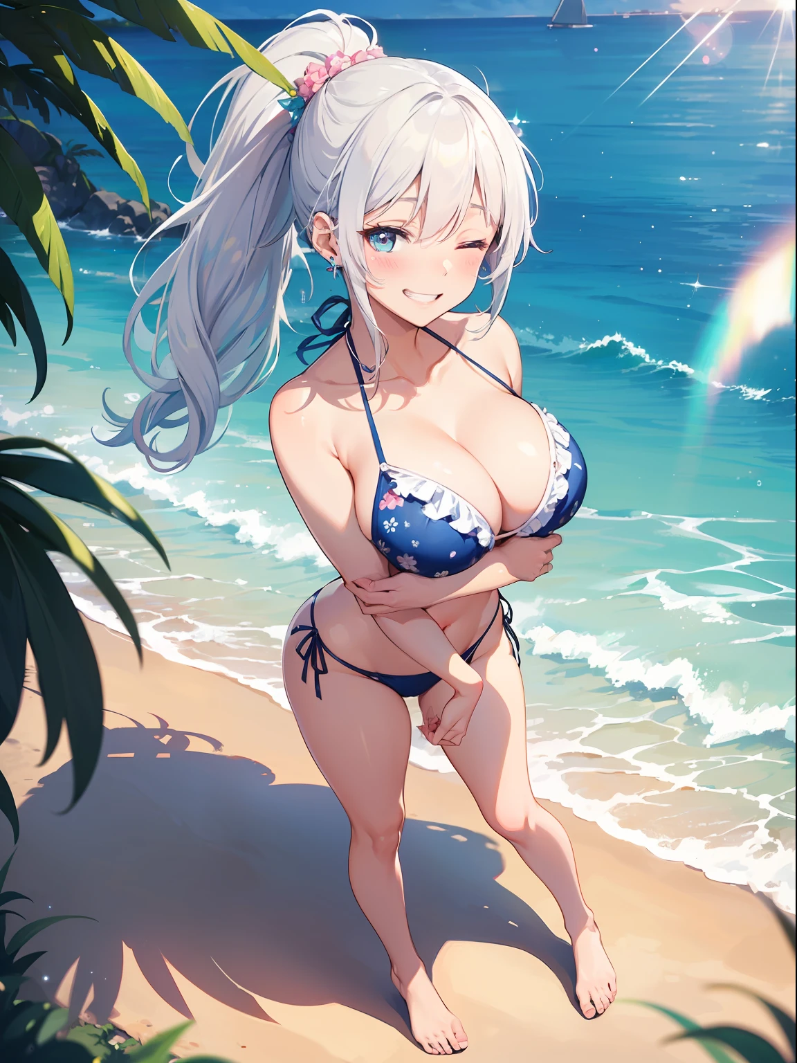 ((masutepiece)), ((Best Quality)), (Ultra-detailed), ((kawaii)), Cute, (lovely), ((Sexy)), (Ero), ((Extremely detailed)), 4K, (8K), Best Quality, (Beautiful), Illustration, Anime style, Painting, Dynamic Angle, Full body, look down from above, Gradation, yoga, full body focus, the beach, Daytime, Summer, s, 1girl in, Solo, Refreshing bikinis and ruffles in light blue and white, Floral pattern, , Beautiful white hair, ((Beautiful eyes)), White-skinned, Ponytail, large full breasts, Hair ornaments, earrings, (one eye closed), Smile, grin, blush, (sparkling effect:1.2), Glitter effect, Lens Flare, shiny-glistening, gleaming