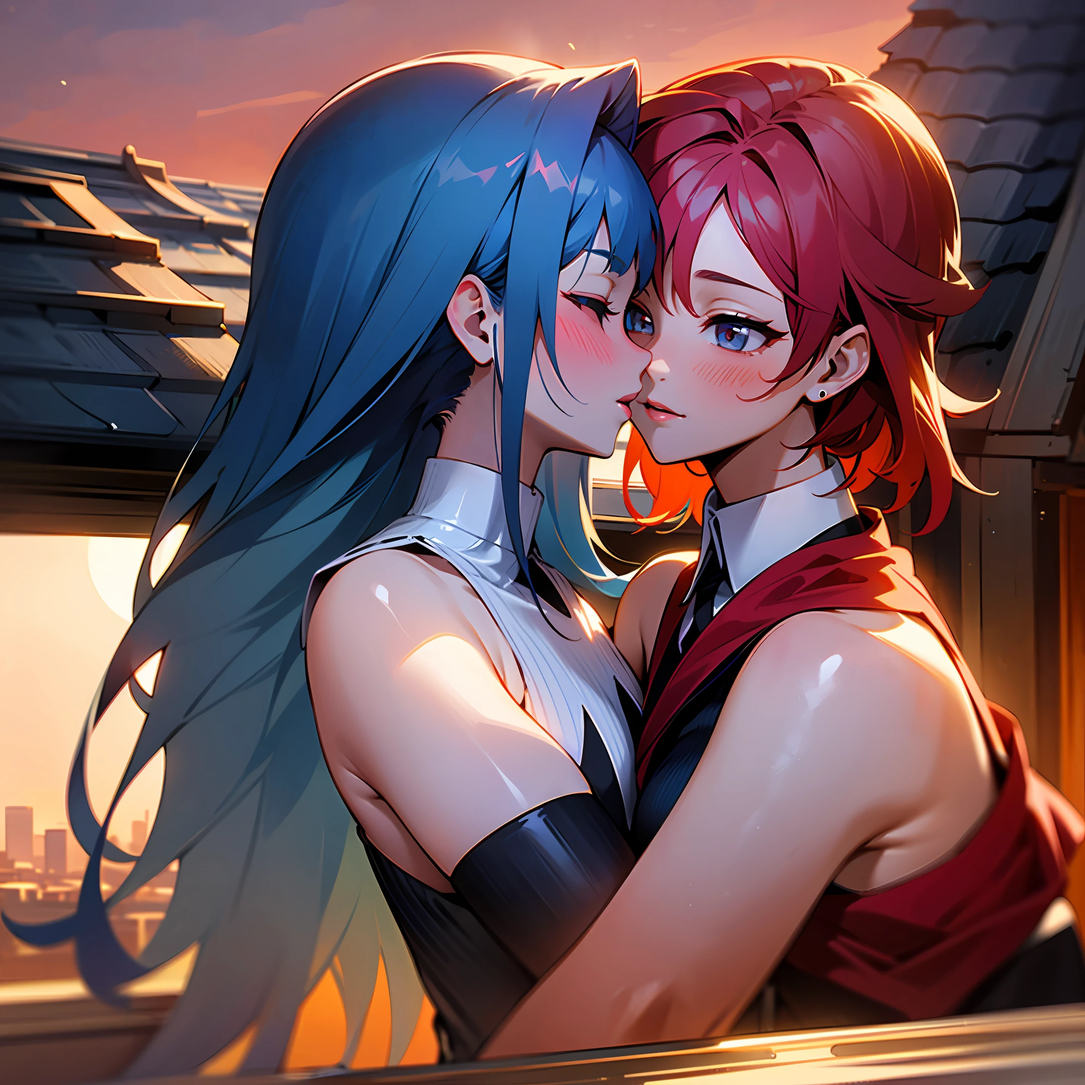 The two girls kissed，A  a 16hyness blush，Ultimate work，Delicate smooth skin，One blue hair and one red hair，Hairline，Rooftop，the setting sun