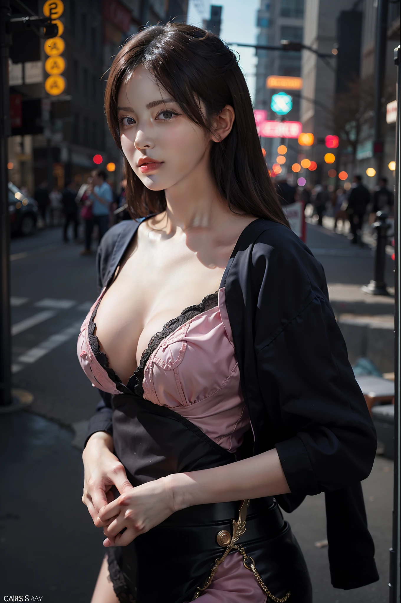 Surrealist portraits of women by David Hockney and Alphonse Mucha,Fantasyart,photographrealistic,动态照明,artstation,poster for,Volumetriclighting,Very detailed body lines,Bumps,exposing her big breasts,Pink big breasts